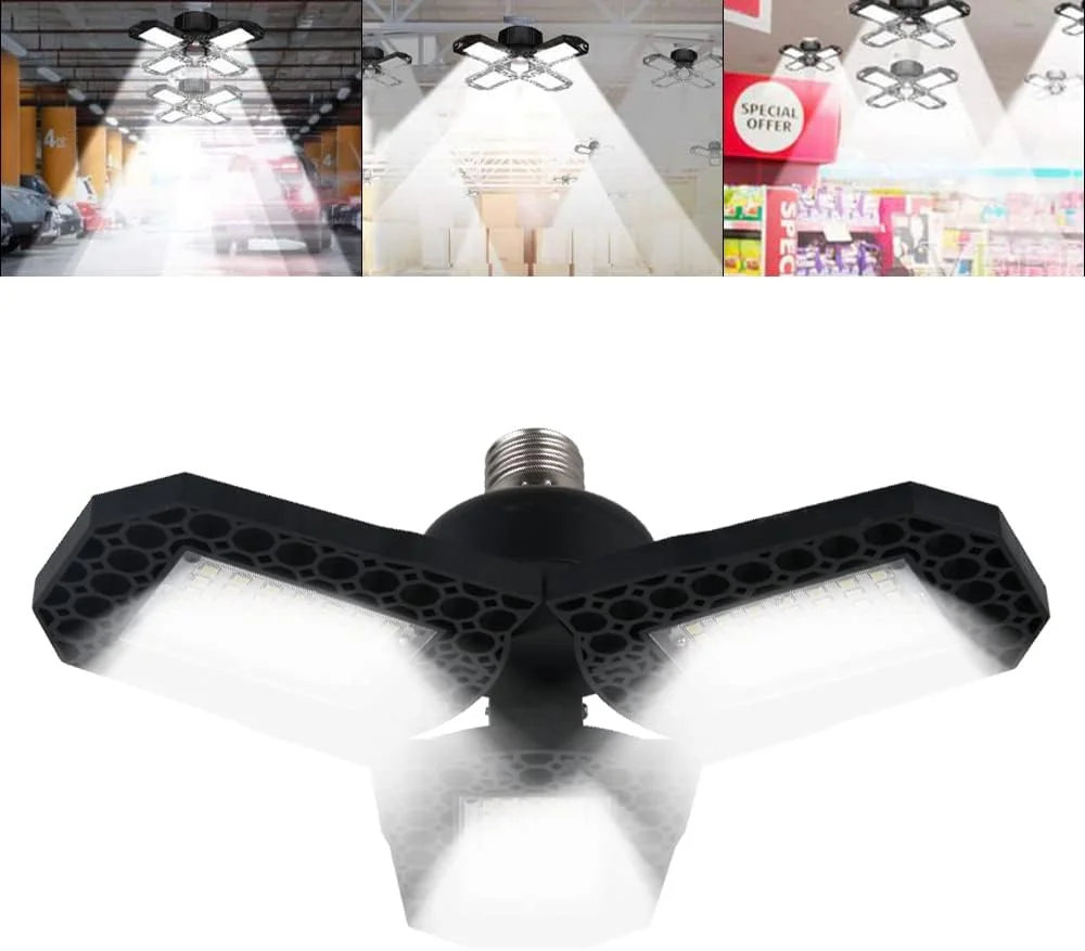چراغ گاراژ LED 60W 1420LM فوق العاده روشن، چراغ سقفی تغییر شکل پذیر، چراغ های خلیجی تاشو با 3 پنل قابل تنظیم برای کارگاه زیرزمین چراغ گاراژ LED 60W 1420LM فوق العاده روشن، چراغ سقفی تغییر شکل پذیر، چراغ های خلیجی تاشو با 3 پنل قابل تنظیم برای کارگاه زیرزمین