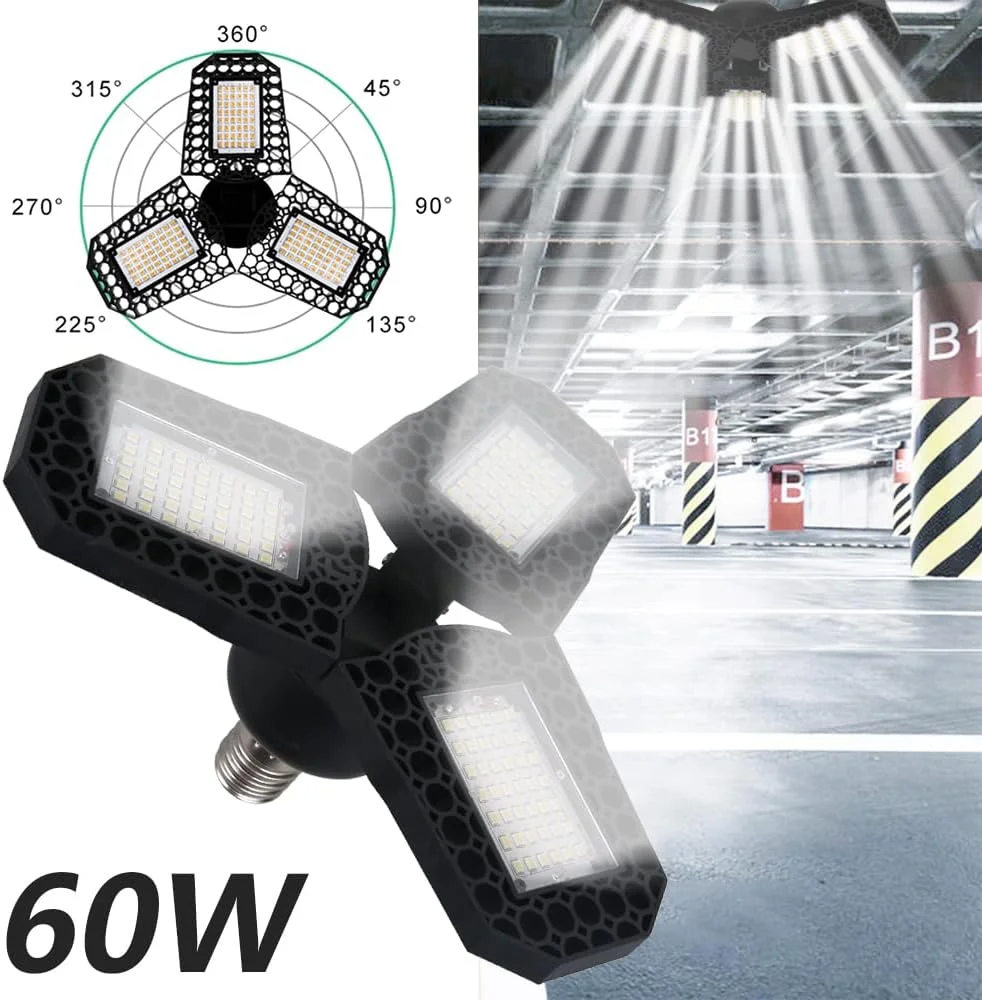 چراغ گاراژ LED 60W 1420LM فوق العاده روشن، چراغ سقفی تغییر شکل پذیر، چراغ های خلیجی تاشو با 3 پنل قابل تنظیم برای کارگاه زیرزمین چراغ گاراژ LED 60W 1420LM فوق العاده روشن، چراغ سقفی تغییر شکل پذیر، چراغ های خلیجی تاشو با 3 پنل قابل تنظیم برای کارگاه زیرزمین