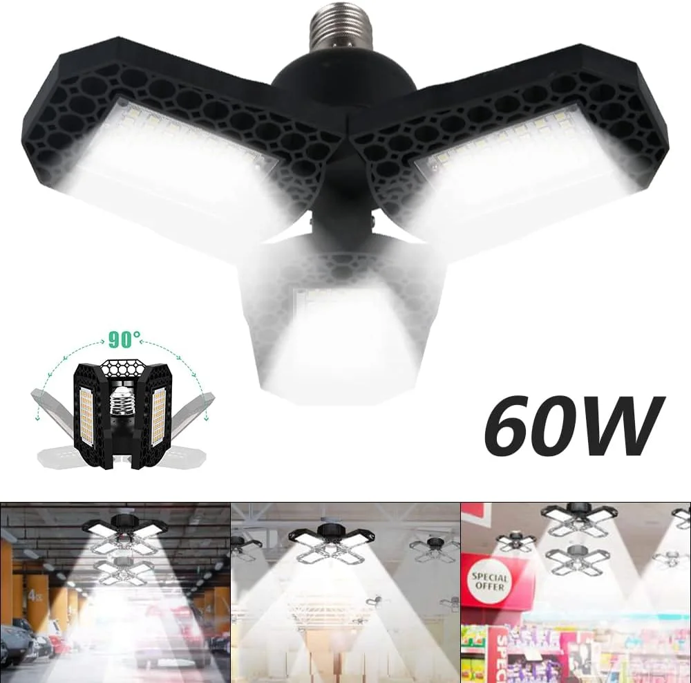 چراغ گاراژ LED 60W 1420LM فوق العاده روشن، چراغ سقفی تغییر شکل پذیر، چراغ های خلیجی تاشو با 3 پنل قابل تنظیم برای کارگاه زیرزمین چراغ گاراژ LED 60W 1420LM فوق العاده روشن، چراغ سقفی تغییر شکل پذیر، چراغ های خلیجی تاشو با 3 پنل قابل تنظیم برای کارگاه زیرزمین