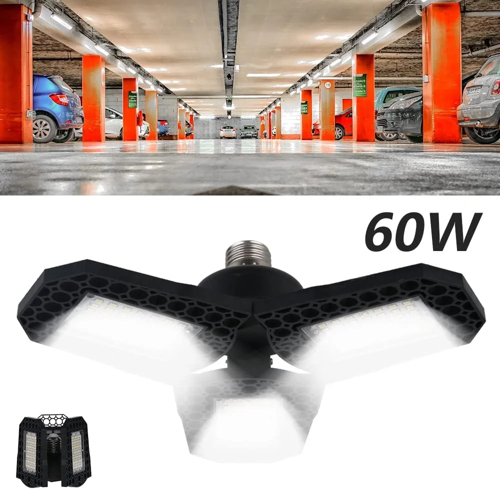 چراغ گاراژ LED 60W 1420LM فوق العاده روشن، چراغ سقفی تغییر شکل پذیر، چراغ های خلیجی تاشو با 3 پنل قابل تنظیم برای کارگاه زیرزمین چراغ گاراژ LED 60W 1420LM فوق العاده روشن، چراغ سقفی تغییر شکل پذیر، چراغ های خلیجی تاشو با 3 پنل قابل تنظیم برای کارگاه زیرزمین