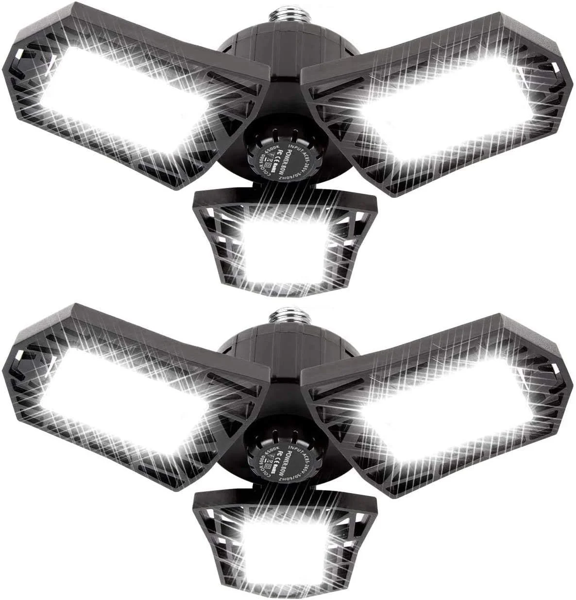 چراغ گاراژ LED تغییر شکل دهنده KONPWAY - 6000 لومن 6500K نور روز 60 وات، روشنایی سقفی سازماندهی گاراژ سه برگ، بسته 2 عددی