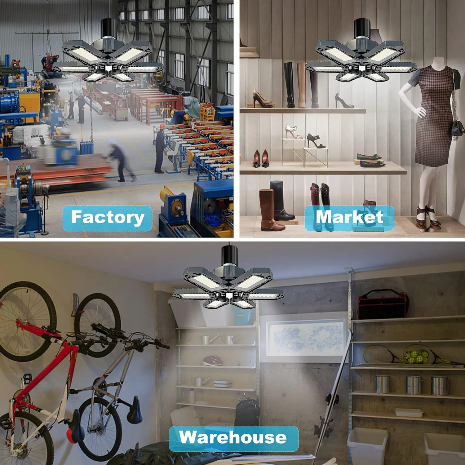 چراغ های گاراژ LED Dazory - چراغ های سقفی مینی با 6 پنل قابل تنظیم لامپ فن تغییر شکل دهنده سقفی 100-265 ولت 1500 لومن 6500K E27/E26 برای اتاق زیر شیروانی، زیرزمین چراغ های گاراژ LED Dazory - چراغ های سقفی مینی با 6 پنل قابل تنظیم لامپ فن تغییر شکل دهنده سقفی 100-265 ولت 1500 لومن 6500K E27/E26 برای اتاق زیر شیروانی، زیرزمین