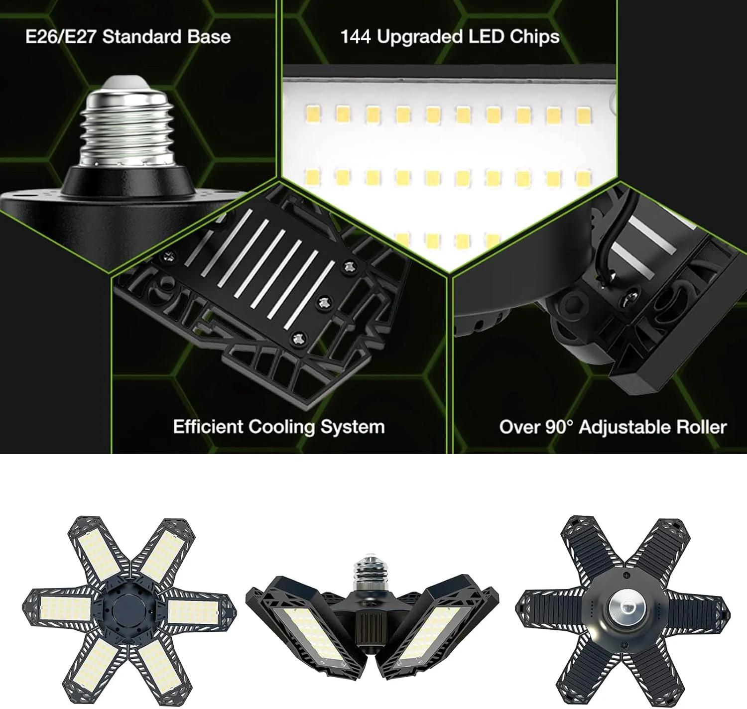 چراغ های گاراژ LED Dazory - چراغ های سقفی مینی با 6 پنل قابل تنظیم لامپ فن تغییر شکل دهنده سقفی 100-265 ولت 1500 لومن 6500K E27/E26 برای اتاق زیر شیروانی، زیرزمین چراغ های گاراژ LED Dazory - چراغ های سقفی مینی با 6 پنل قابل تنظیم لامپ فن تغییر شکل دهنده سقفی 100-265 ولت 1500 لومن 6500K E27/E26 برای اتاق زیر شیروانی، زیرزمین