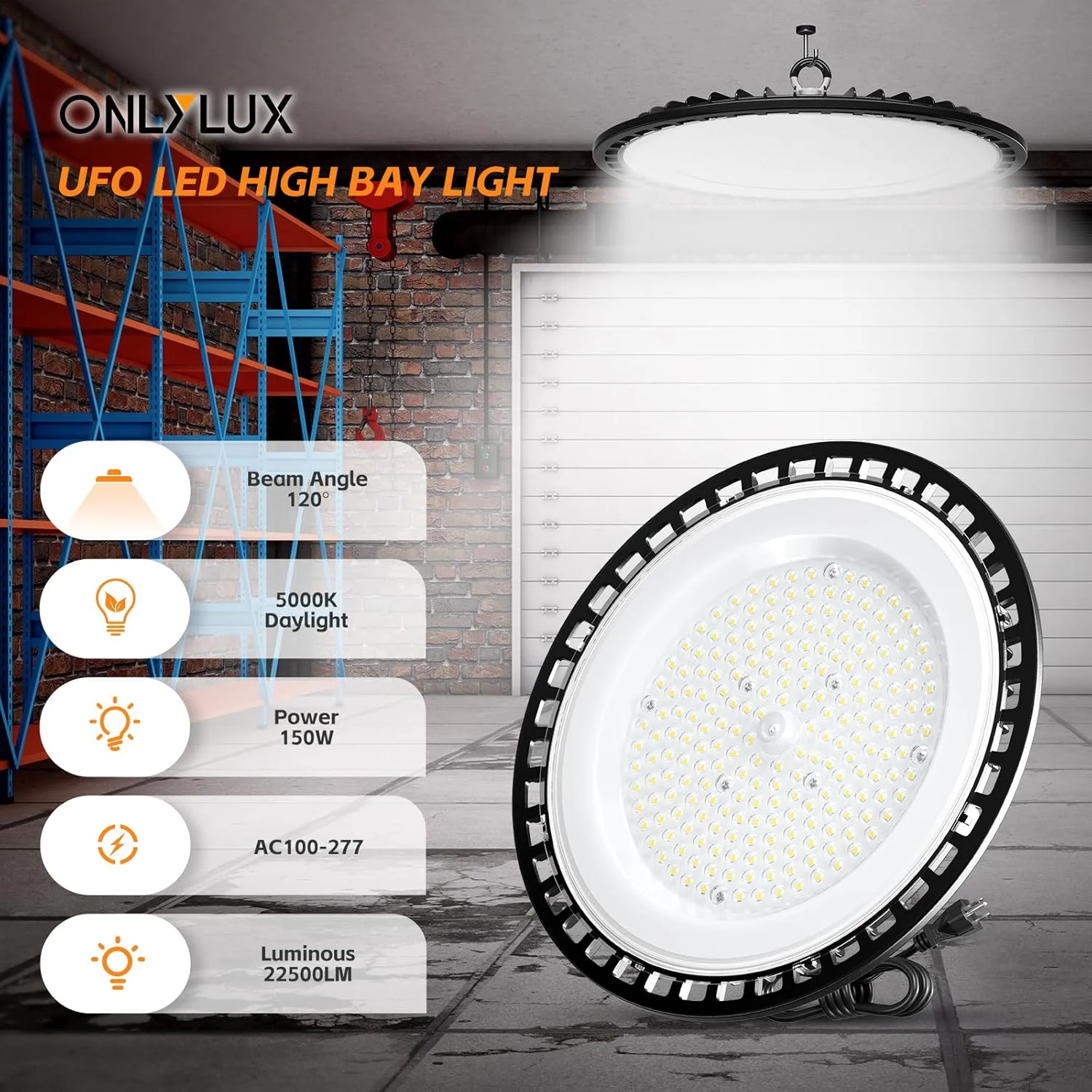 چراغ سوله ای ال ای دی UFO اونلی لوکس 150 وات 22500 لومن 5000K جایگزین HID/HPS 600 وات، سیم با دوشاخه و قلاب آویز، IP65 دارای گواهینامه UL، چراغ های کارگاهی برای انبار، گاراژ، باشگاه، کارگاه، بسته 8 عددی چراغ سوله ای ال ای دی UFO اونلی لوکس 150 وات 22500 لومن 5000K جایگزین HID/HPS 600 وات، سیم با دوشاخه و قلاب آویز، IP65 دارای گواهینامه UL، چراغ های کارگاهی برای انبار، گاراژ، باشگاه، کارگاه، بسته 8 عددی