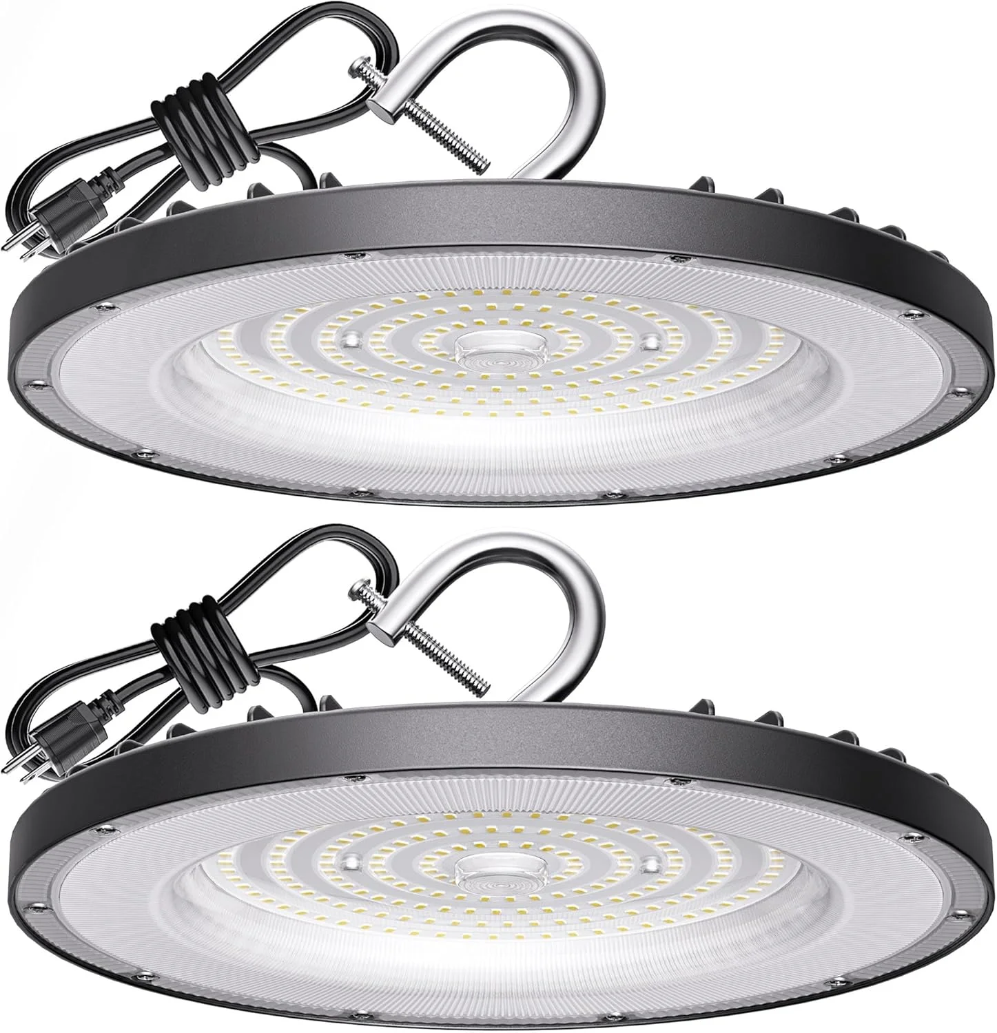 چراغ سوله ای ال ای دی یوفو Yihuven بسته 2 عددی 150 وات (معادل 600 وات MH/HPS)، 21000 لومن، نور روز 5000 کلوین، چراغ تجاری ضد آب IP65 با قلاب 5 اینچی US برای انبار کارگاه کارخانه