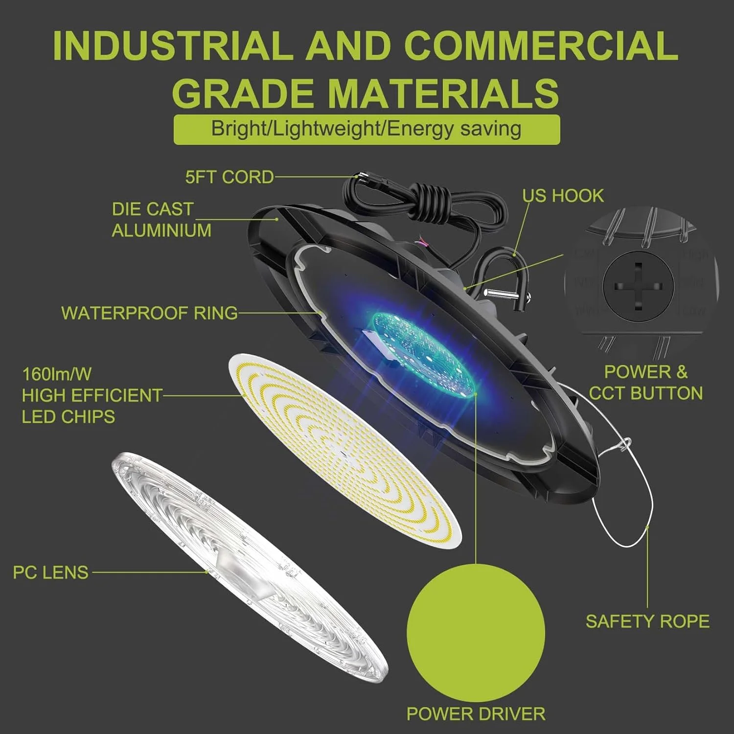 چراغ های سوله ای ال ای دی هایل مدل UFO با توان 200W/150W/100W، دمای رنگ 6000K/5000K/4000K، نورپردازی تجاری قابل تنظیم و دیمر پذیر 100-277V، نصب آسان برای انبار، بسته 5 عددی چراغ های سوله ای ال ای دی هایل مدل UFO با توان 200W/150W/100W، دمای رنگ 6000K/5000K/4000K، نورپردازی تجاری قابل تنظیم و دیمر پذیر 100-277V، نصب آسان برای انبار، بسته 5 عددی