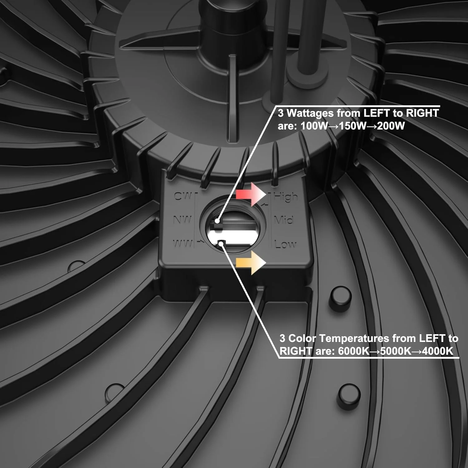 چراغ های سوله ای ال ای دی هایل مدل UFO با توان 200W/150W/100W، دمای رنگ 6000K/5000K/4000K، نورپردازی تجاری قابل تنظیم و دیمر پذیر 100-277V، نصب آسان برای انبار، بسته 5 عددی چراغ های سوله ای ال ای دی هایل مدل UFO با توان 200W/150W/100W، دمای رنگ 6000K/5000K/4000K، نورپردازی تجاری قابل تنظیم و دیمر پذیر 100-277V، نصب آسان برای انبار، بسته 5 عددی