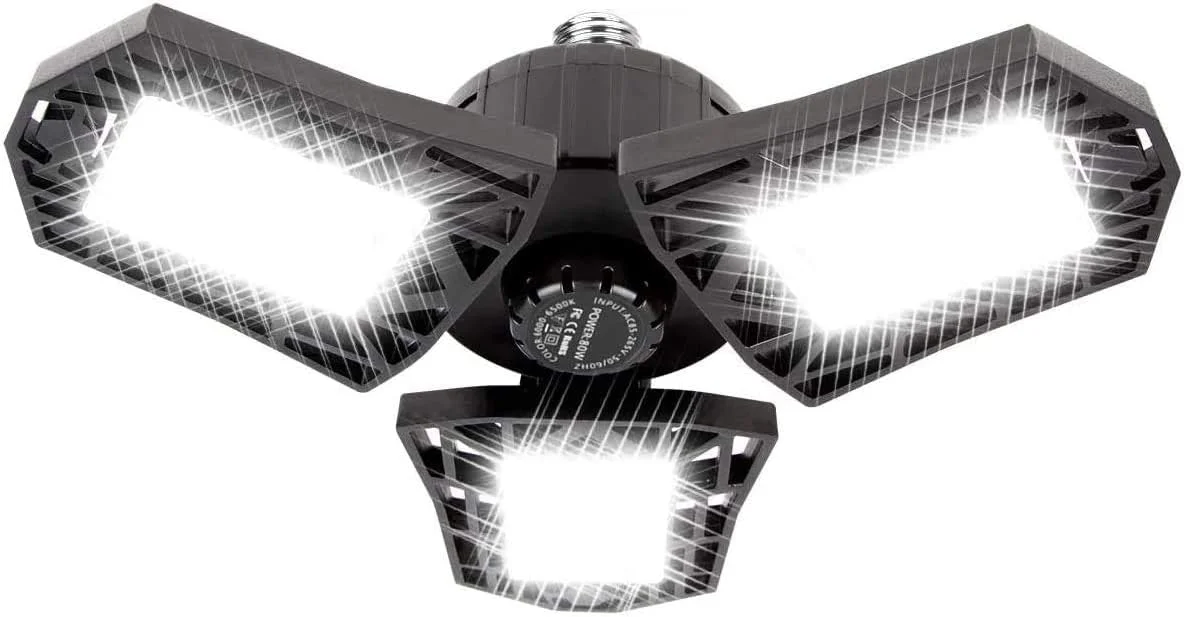 چراغ گاراژ LED تغییر شکل دهنده KONPWAY - 6000 لومن 6500K نور روز 60 وات، روشنایی سقفی سه برگ برای سازماندهی گاراژ