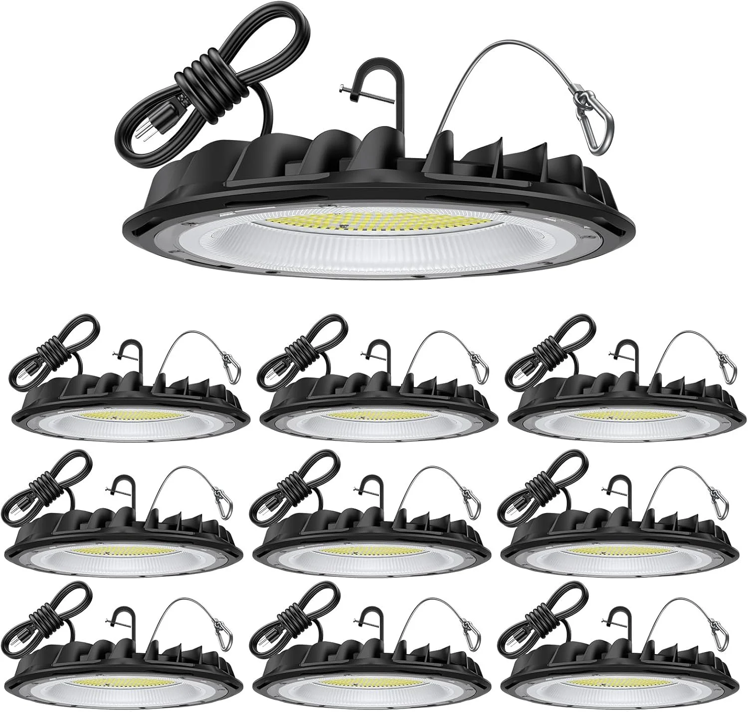بسته 10 عددی چراغ سوله ای ال ای دی UFO با توان 155 وات hunhun، 22500 لومن، نور روز 5000 کلوین، دوشاخه آمریکایی، 110-277 ولت، چراغ های ال ای دی تجاری ضد آب IP65 برای کارگاه، کارخانه، انبار، گاراژ دارای گواهینامه ETL