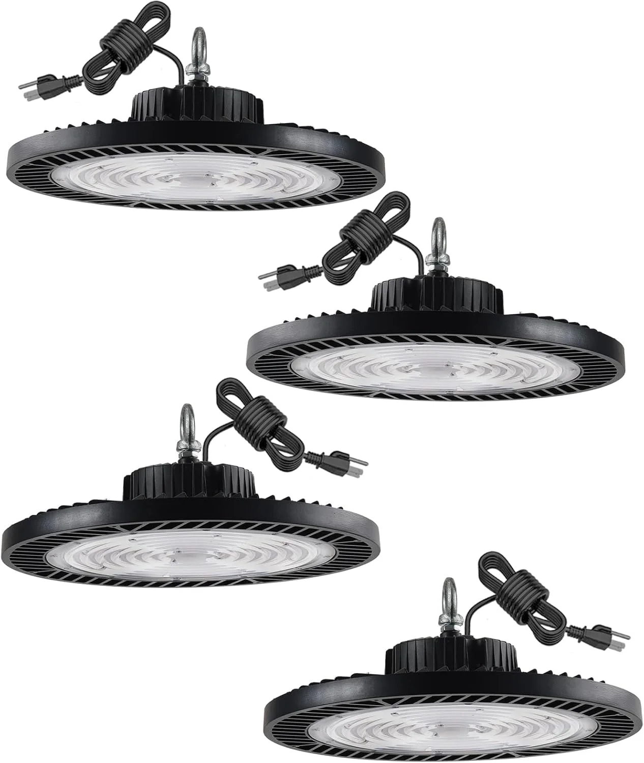 چراغ های سوله ای LED فیکوس 400 وات، بسته 4 عددی، 56000 لومن، چراغ های تجاری Plug & Play، نور روز 5000K، ولتاژ AC100-277V، کابل 5 فوت، طناب ایمنی شامل، چراغ سوله ای UFO برای انبار، کارگاه، سوله - دارای گواهی ETL