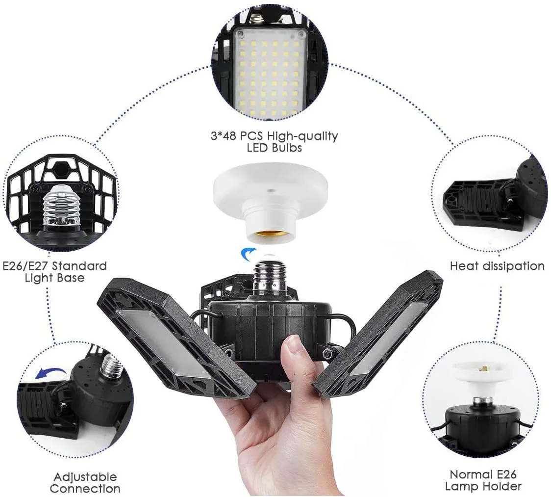 چراغ گاراژ LED تغییر شکل دهنده KONPWAY - 6000 لومن 6500K نور روز 60 وات، روشنایی سقفی سه برگ برای سازماندهی گاراژ چراغ گاراژ LED تغییر شکل دهنده KONPWAY - 6000 لومن 6500K نور روز 60 وات، روشنایی سقفی سه برگ برای سازماندهی گاراژ