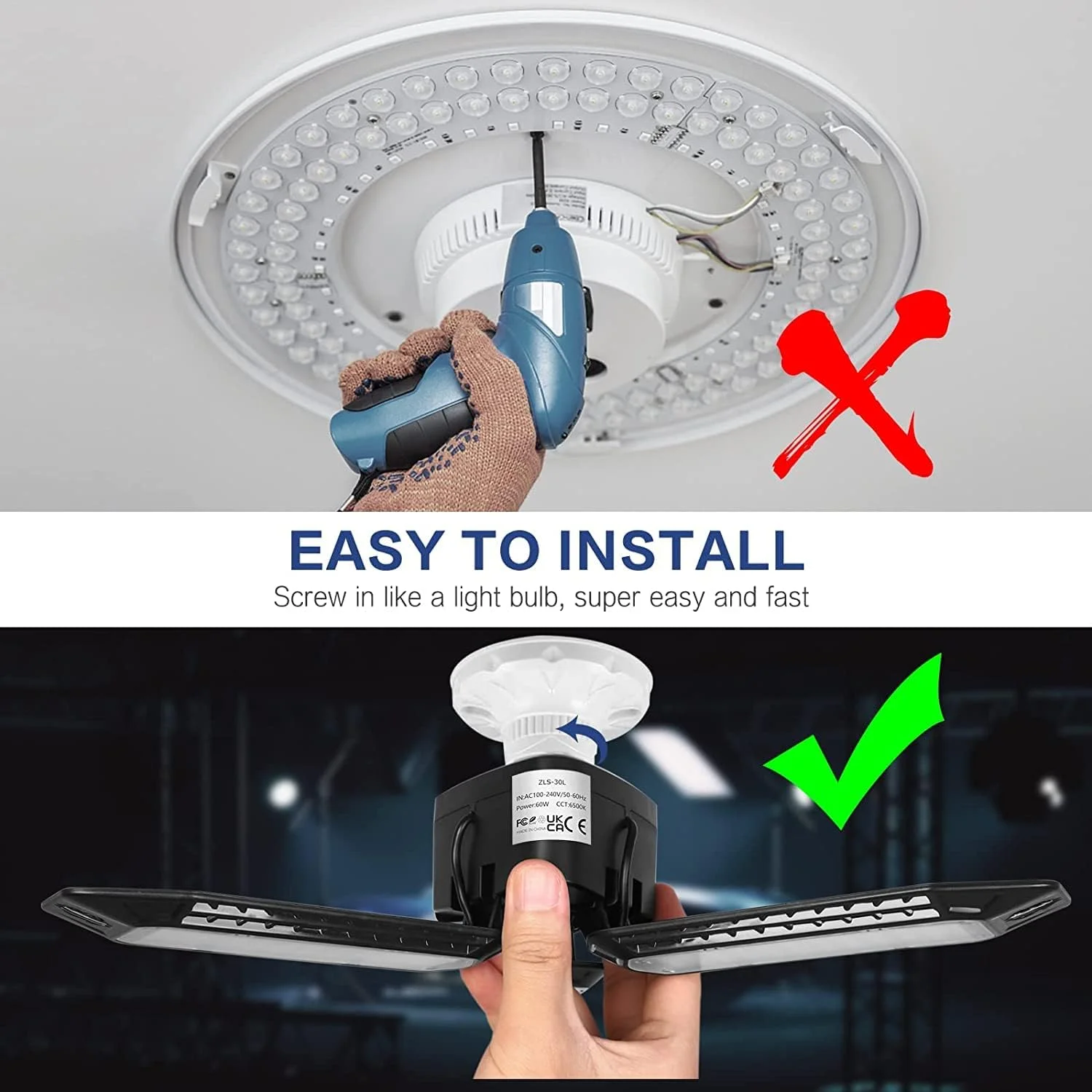چراغ گاراژ - چراغ LED گاراژ - 8000LM بدون خیرگی 360 درجه چراغ روشنایی گاراژ - 36W 6500K چراغ LED گاراژ تغییر شکل پذیر - چراغ گاراژ E26/E27 برای زیرزمین، انبار، خانه مزرعه و اتاق زیر شیروانی