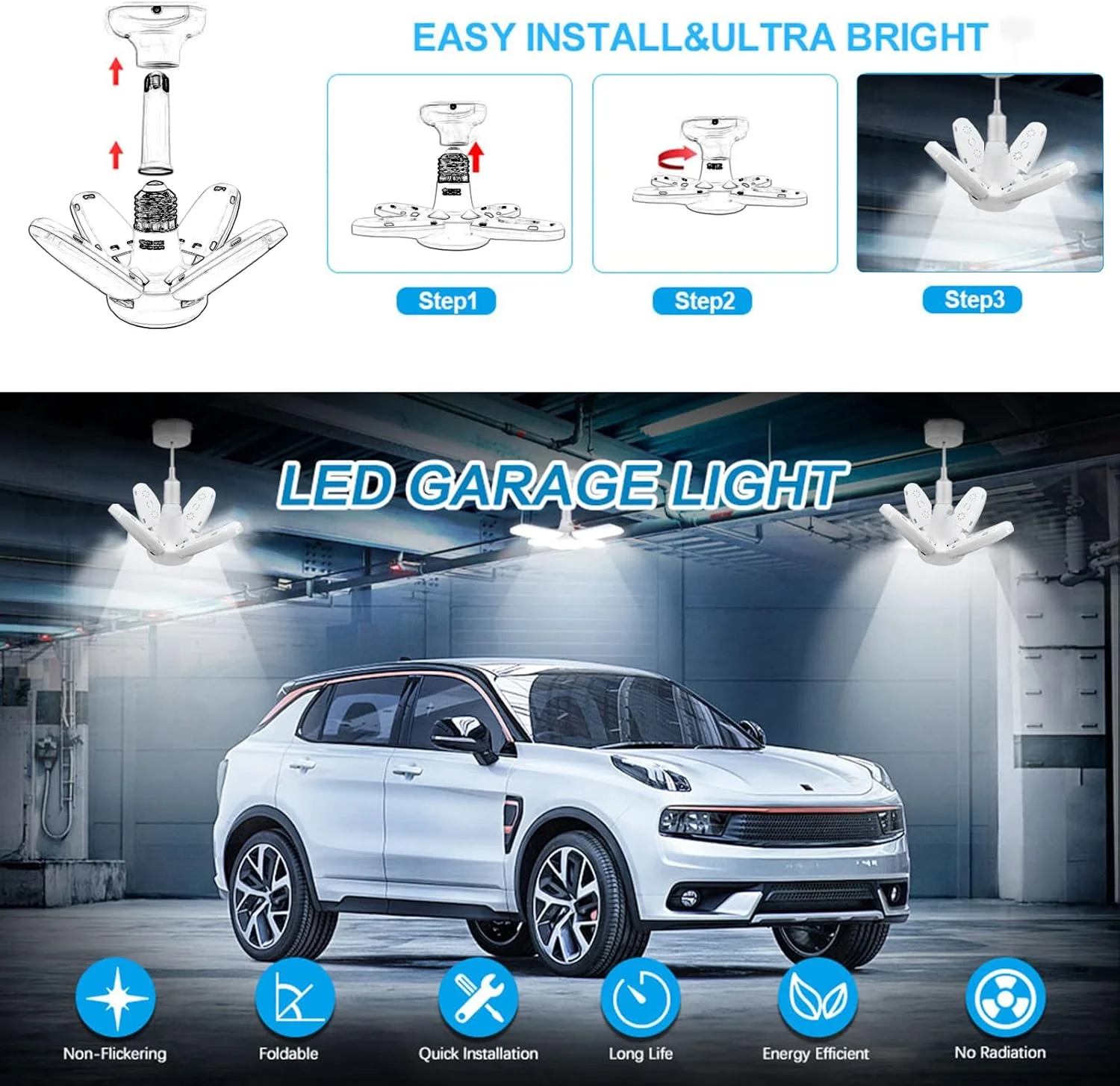 چراغ های LED گاراژ - چراغ سقفی گاراژ، 28 وات 1500 لومن 6500-7000K E27/E26 چراغ های سقفی LED گاراژ با 4 پنل قابل تنظیم برای گاراژها، کارگاه، فضای داخلی، فضای باز، کارگاه و انبار، پوشش کامل چراغ های LED گاراژ - چراغ سقفی گاراژ، 28 وات 1500 لومن 6500-7000K E27/E26 چراغ های سقفی LED گاراژ با 4 پنل قابل تنظیم برای گاراژها، کارگاه، فضای داخلی، فضای باز، کارگاه و انبار، پوشش کامل