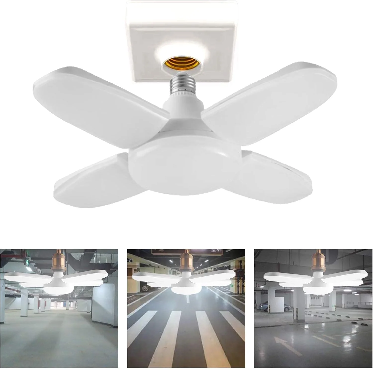 چراغ های LED گاراژ، 60 وات E27 6000LM چراغ سقفی LED تغییر شکل پذیر نور روز، روشنایی سفید گاراژ با 4 پنل LED قابل تنظیم برای چراغ های انبار کارگاه زیرزمین