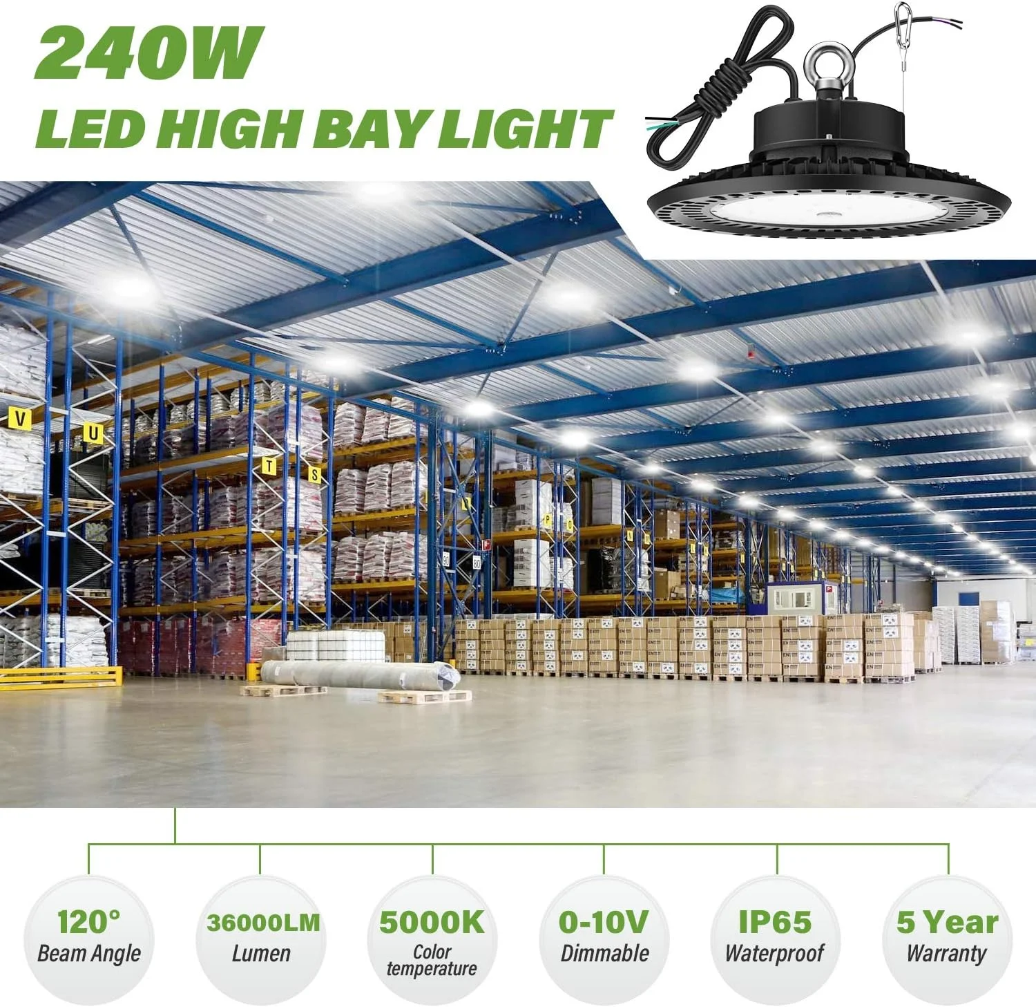 چراغ سوله ای LED بی اف تی 240 وات UFO 5000K 36000 لومن، دیمر پذیر 1-10 ولت، جایگزین 1000 وات HID/HPS، کابل 5 فوتی UL، IP65، نصب با قلاب، چراغ های کارگاهی، گاراژ، کارخانه، انبار، روشنایی محوطه. چراغ سوله ای LED بی اف تی 240 وات UFO 5000K 36000 لومن، دیمر پذیر 1-10 ولت، جایگزین 1000 وات HID/HPS، کابل 5 فوتی UL، IP65، نصب با قلاب، چراغ های کارگاهی، گاراژ، کارخانه، انبار، روشنایی محوطه.