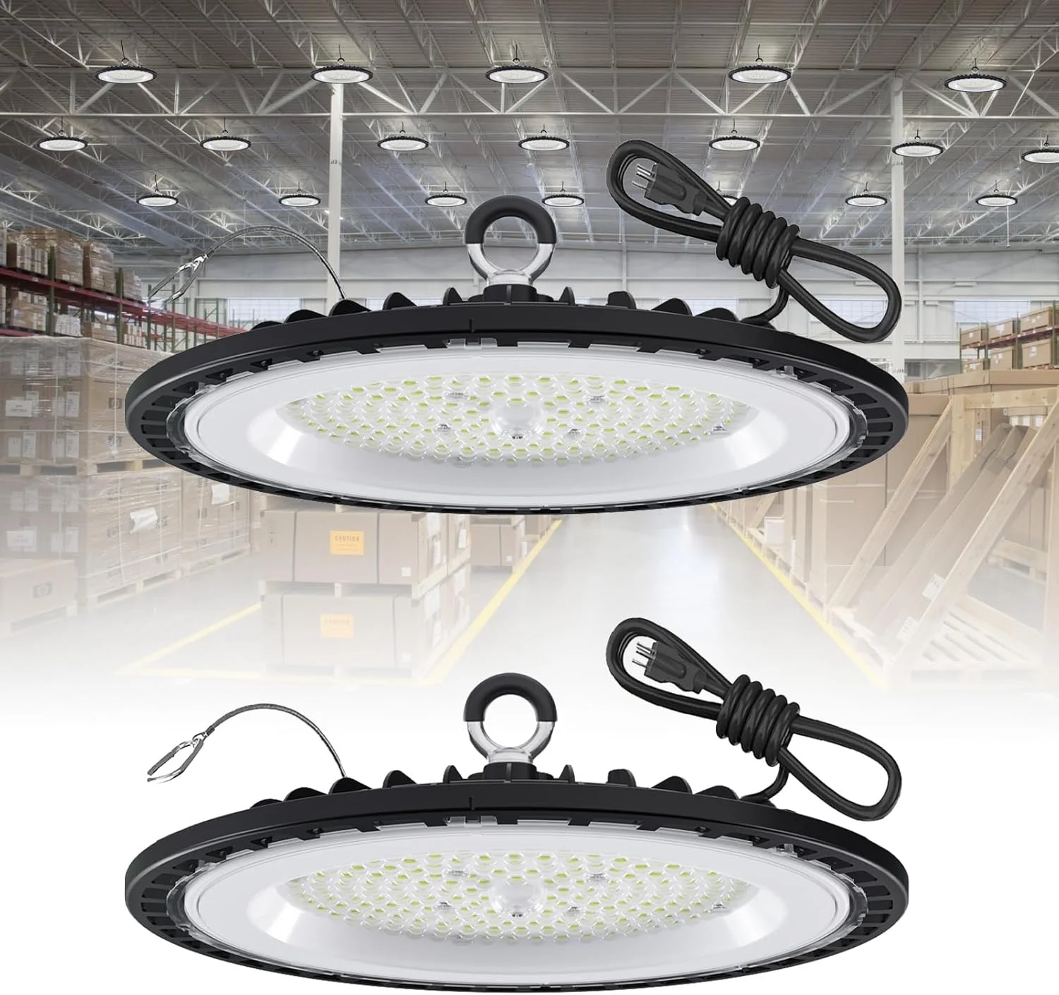 چراغ سوله ای ال ای دی UFO جی جی تی اچ، 2 عددی، نور روز 5000K، 150 وات، دارای سیم برق 6 فوتی، 15000 لومن، 120 ولت AC، ضد آب IP66، مقاوم در برابر شکستگی، دارای گواهینامه ETL
