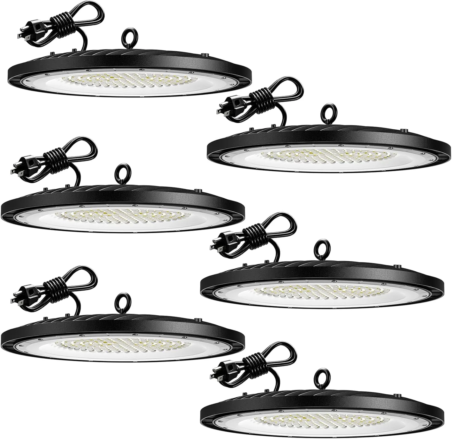 چراغ سوله ای LED آمیکو 200 وات UFO، 28000 لومن، 5000 کلوین، دارای گواهینامه UL، قلاب آمریکایی، کابل 5 فوتی، جایگزین MH/HPS 650 وات برای سالن ورزشی، کارخانه، انبار (6 عدد)