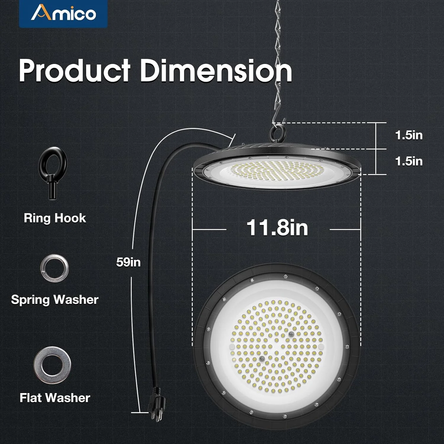 چراغ سوله ای LED آمیکو 200 وات UFO، 28000 لومن، 5000 کلوین، دارای گواهینامه UL، قلاب آمریکایی، کابل 5 فوتی، جایگزین MH/HPS 650 وات برای سالن ورزشی، کارخانه، انبار (6 عدد) چراغ سوله ای LED آمیکو 200 وات UFO، 28000 لومن، 5000 کلوین، دارای گواهینامه UL، قلاب آمریکایی، کابل 5 فوتی، جایگزین MH/HPS 650 وات برای سالن ورزشی، کارخانه، انبار (6 عدد)
