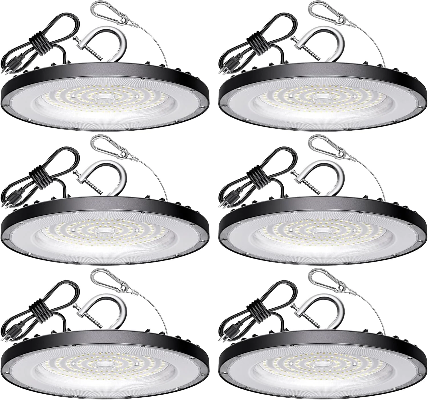 بسته 6 عددی چراغ سوله ای ال ای دی UFO 200 وات (معادل 800 وات MH/HPS)، 30000 لومن 5000K دارای گواهینامه ETL، چراغ های ال ای دی سوله ای با کابل 5 فوتی و قلاب US، چراغ تجاری ضد آب IP65 برای انبار، کارگاه، انبار و کارخانه