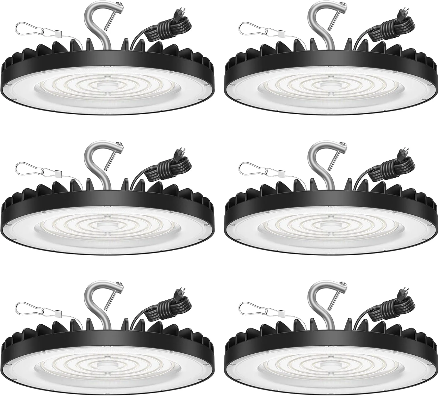 بسته 6 عددی چراغ سوله ای ال ای دی UFO با توان 150 وات (معادل 600 وات MH/HPS)، 21000 لومن، 5000K چراغ های سوله ای ال ای دی با کابل 5 فوتی و قلاب US، IP65 ضد آب، مناسب برای روشنایی تجاری انبار، کارگاه، سوله و کارخانه
