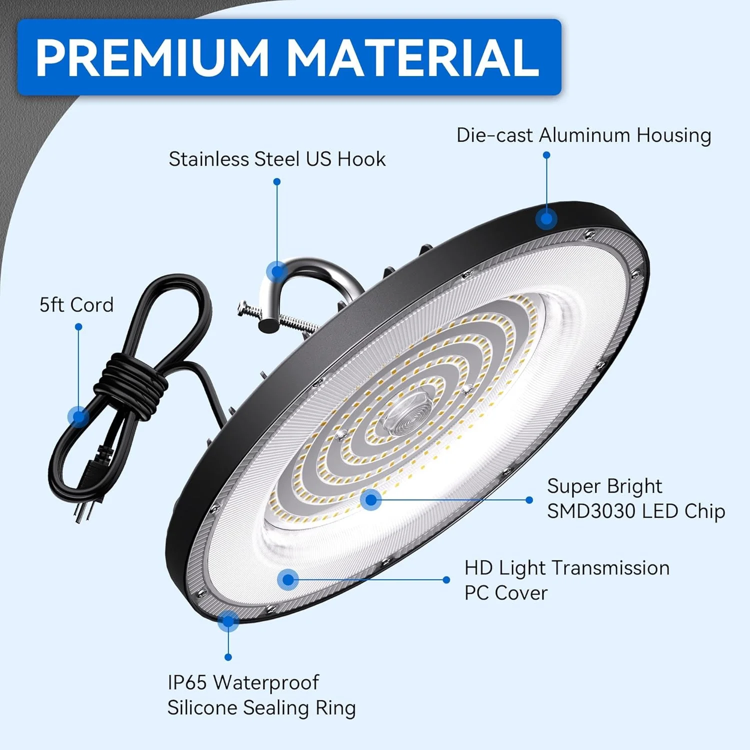 بسته 6 عددی چراغ سوله ای ال ای دی UFO با توان 150 وات (معادل 600 وات MH/HPS)، 21000 لومن، 5000K چراغ های سوله ای ال ای دی با کابل 5 فوتی و قلاب US، IP65 ضد آب، مناسب برای روشنایی تجاری انبار، کارگاه، سوله و کارخانه بسته 6 عددی چراغ سوله ای ال ای دی UFO با توان 150 وات (معادل 600 وات MH/HPS)، 21000 لومن، 5000K چراغ های سوله ای ال ای دی با کابل 5 فوتی و قلاب US، IP65 ضد آب، مناسب برای روشنایی تجاری انبار، کارگاه، سوله و کارخانه