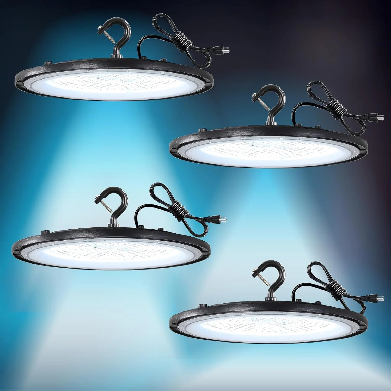 چراغ های سوله ای LED 150 وات Fanyank با دوشاخه آمریکایی، چراغ کارگاهی LED سوله ای 21000LM، نور روز 5000K، ضد آب IP65، روشنایی تجاری انبار کارخانه کارگاه گاراژ، بسته 4 عددی