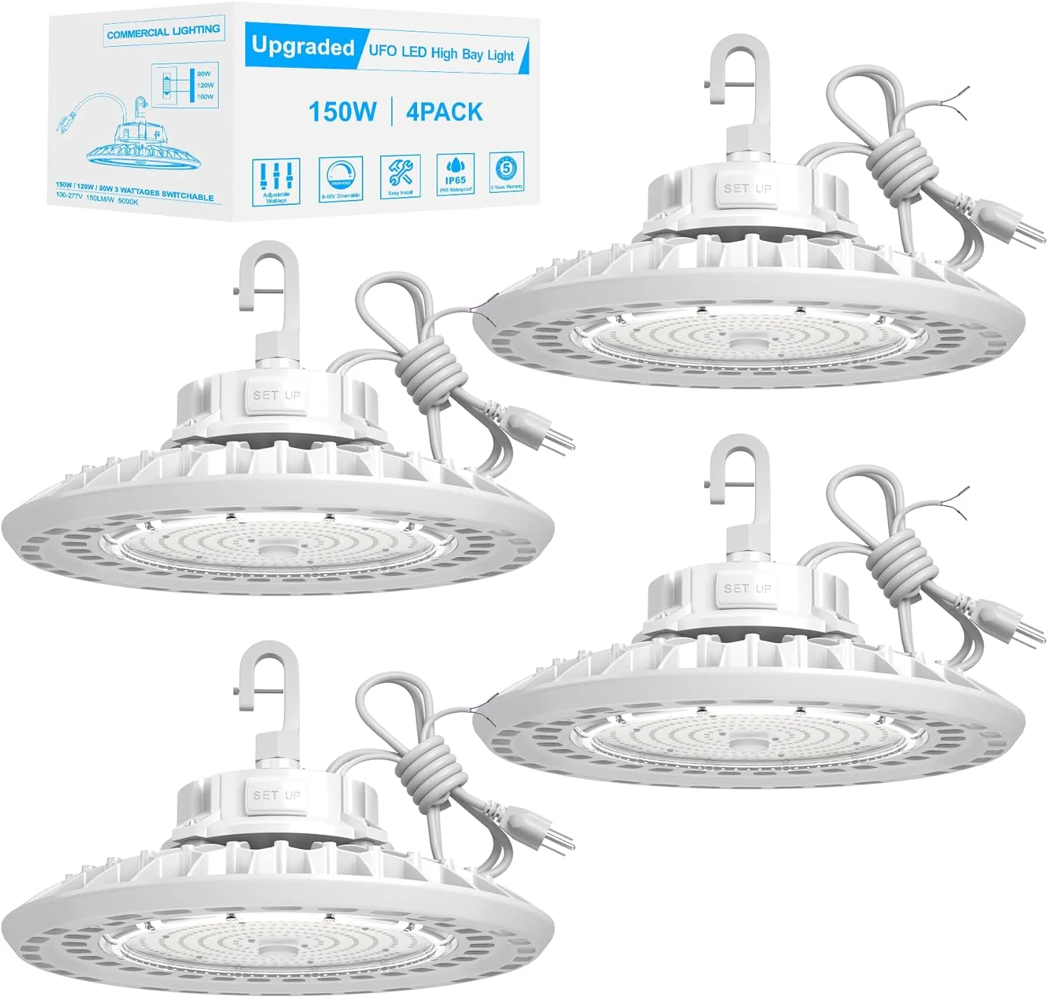 چراغ سوله ای ال ای دی 150 وات JC-LGL مدل UFO، بسته 4 عددی، چراغ سوله ای ال ای دی 22500 لومن، 0-10 ولت دیمر پذیر، چراغ کارگاهی ال ای دی سوله ای، کابل 5 اینچی با دوشاخه آمریکایی، قلاب آویز، طناب ایمنی، دارای گواهی ETL برای انبار کارگاه سوله