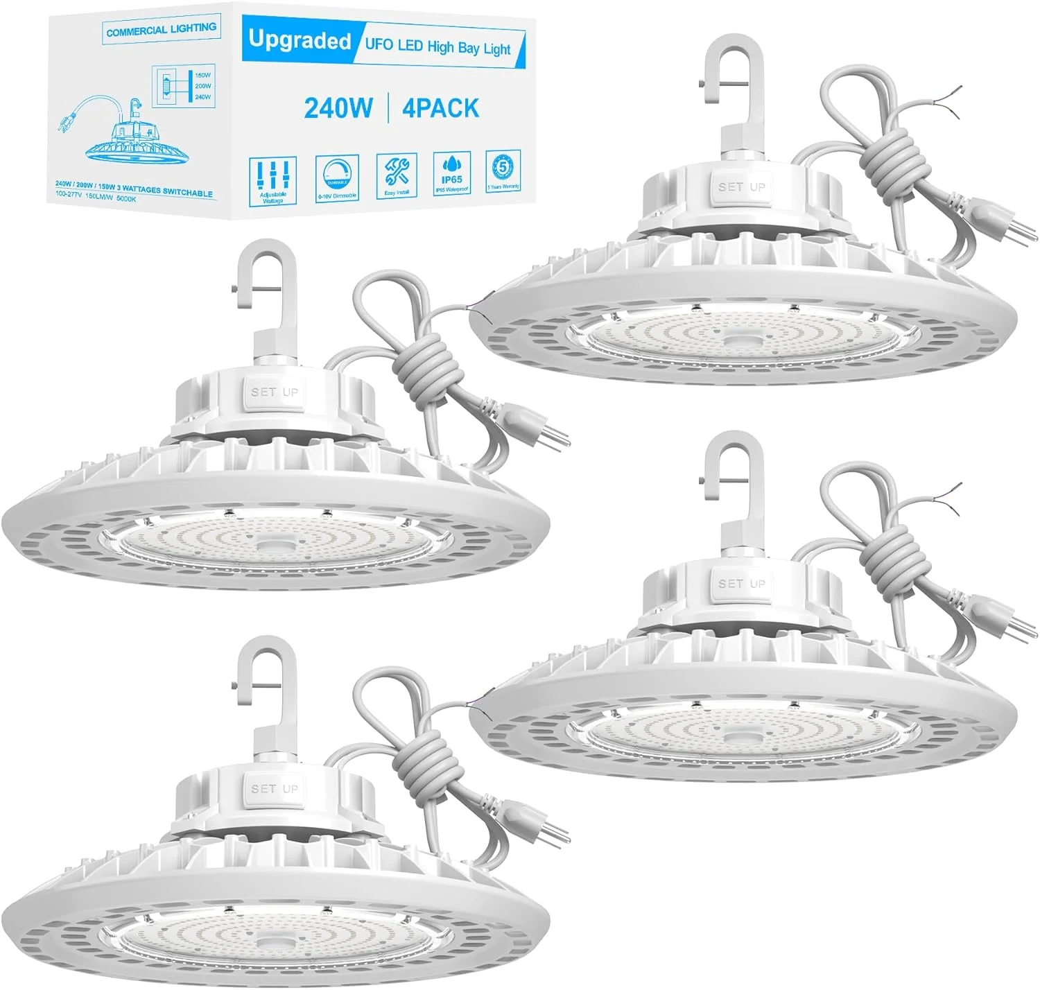 چراغ سوله ای ال ای دی 240 وات UFO سفید 4 عددی، چراغ های سوله ای ال ای دی 36000 لومن، چراغ های کارگاهی ال ای دی سوله ای دیمر پذیر 0-10 ولت، کابل 5 فوتی با دوشاخه آمریکایی، قلاب آویز، طناب ایمنی، دارای لیست ETL برای انبار کارخانه انبار فروشگاه
