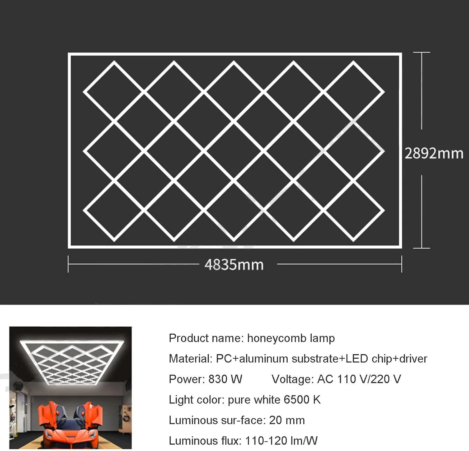 چراغ LED لانه زنبوری WJWDD-YXMLP 830W، چراغ گاراژ LED شکل الماس، نور سفید خالص 6500K برای گاراژ کارگاه زیرزمین باشگاه انبار چراغ LED لانه زنبوری WJWDD-YXMLP 830W، چراغ گاراژ LED شکل الماس، نور سفید خالص 6500K برای گاراژ کارگاه زیرزمین باشگاه انبار
