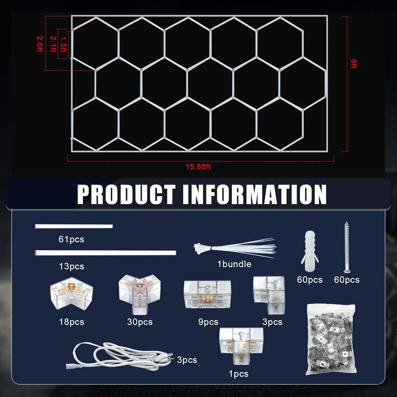 سیستم نورپردازی گاراژ LED شش ضلعی Baquler 15، چراغ های کارگاهی LED لانه زنبوری با حاشیه سفید برای گاراژ، کارگاه، فروشگاه دیتیلینگ خودرو، سالن نمایشگاه، 680 وات 81600 لومن، دکور سقف 4.84 × 2.43 متر (1 ست) سیستم نورپردازی گاراژ LED شش ضلعی Baquler 15، چراغ های کارگاهی LED لانه زنبوری با حاشیه سفید برای گاراژ، کارگاه، فروشگاه دیتیلینگ خودرو، سالن نمایشگاه، 680 وات 81600 لومن، دکور سقف 4.84 × 2.43 متر (1 ست)