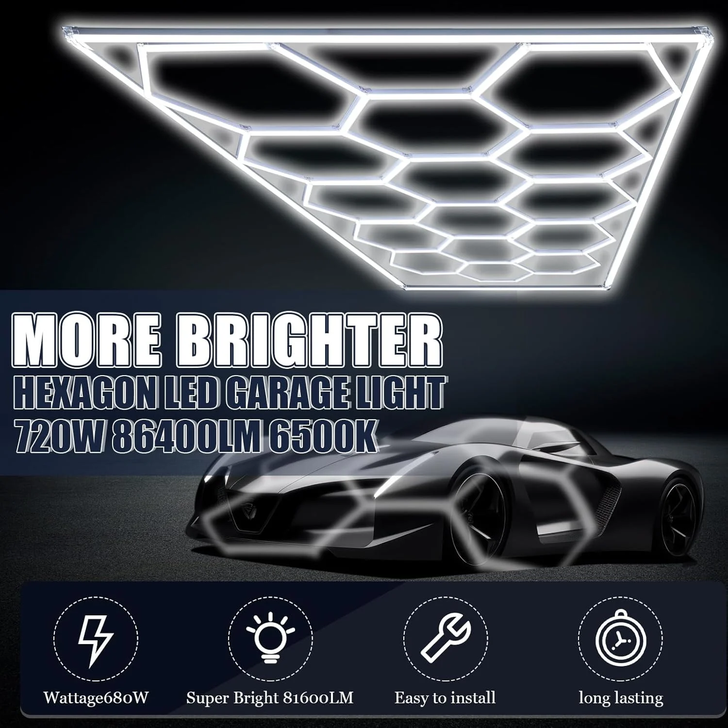 سیستم نورپردازی گاراژ LED شش ضلعی Baquler 15، چراغ های کارگاهی LED لانه زنبوری با حاشیه سفید برای گاراژ، کارگاه، فروشگاه دیتیلینگ خودرو، سالن نمایشگاه، 680 وات 81600 لومن، دکور سقف 4.84 × 2.43 متر (1 ست) سیستم نورپردازی گاراژ LED شش ضلعی Baquler 15، چراغ های کارگاهی LED لانه زنبوری با حاشیه سفید برای گاراژ، کارگاه، فروشگاه دیتیلینگ خودرو، سالن نمایشگاه، 680 وات 81600 لومن، دکور سقف 4.84 × 2.43 متر (1 ست)