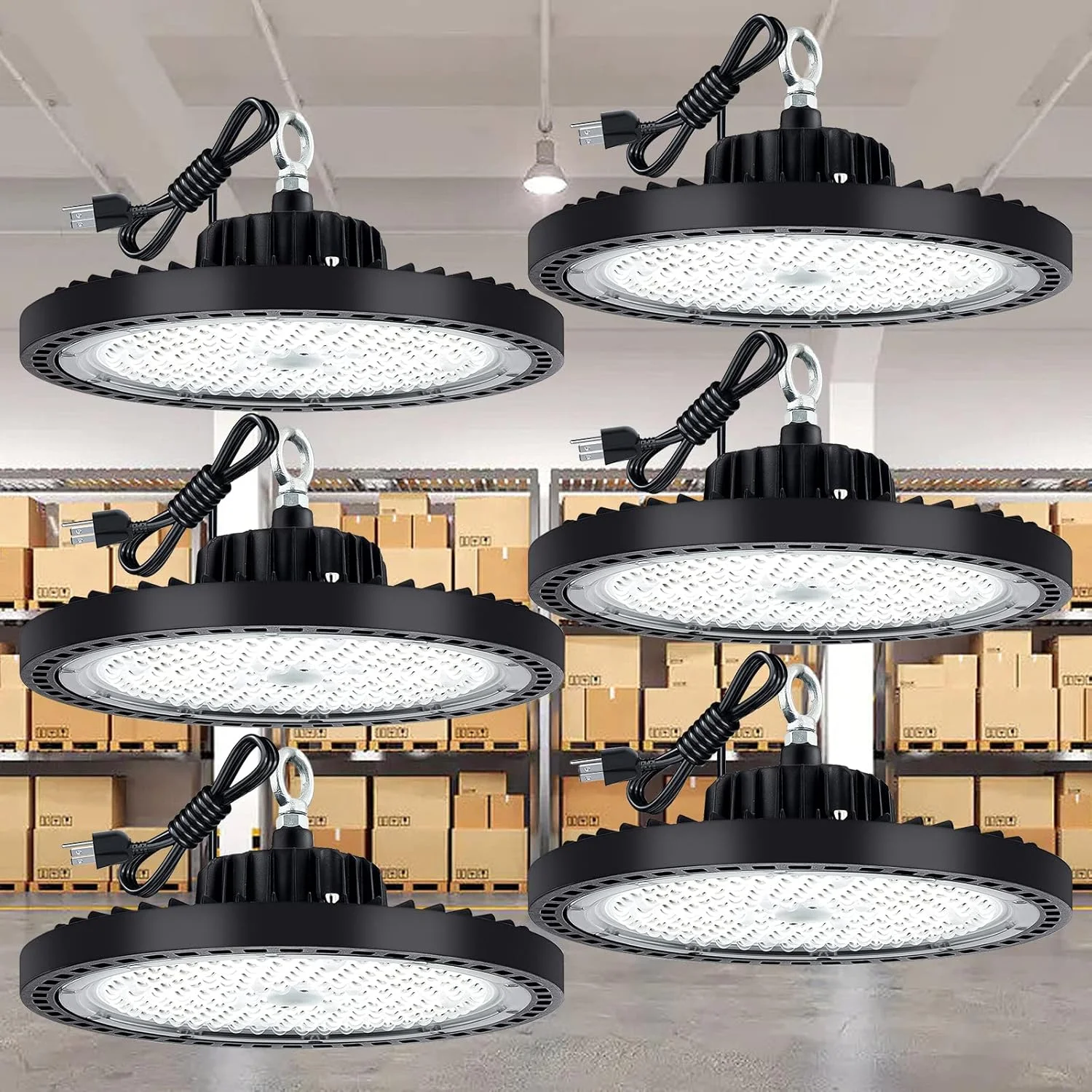 EVBFORU - چراغ سوله ای LED 200 وات، بسته 6 عددی 29000 لومن، با دوشاخه آمریکایی، چراغ سوله ای UFO برای انبار، کارگاه، کارخانه، باشگاه ورزشی، گاراژ، انبار