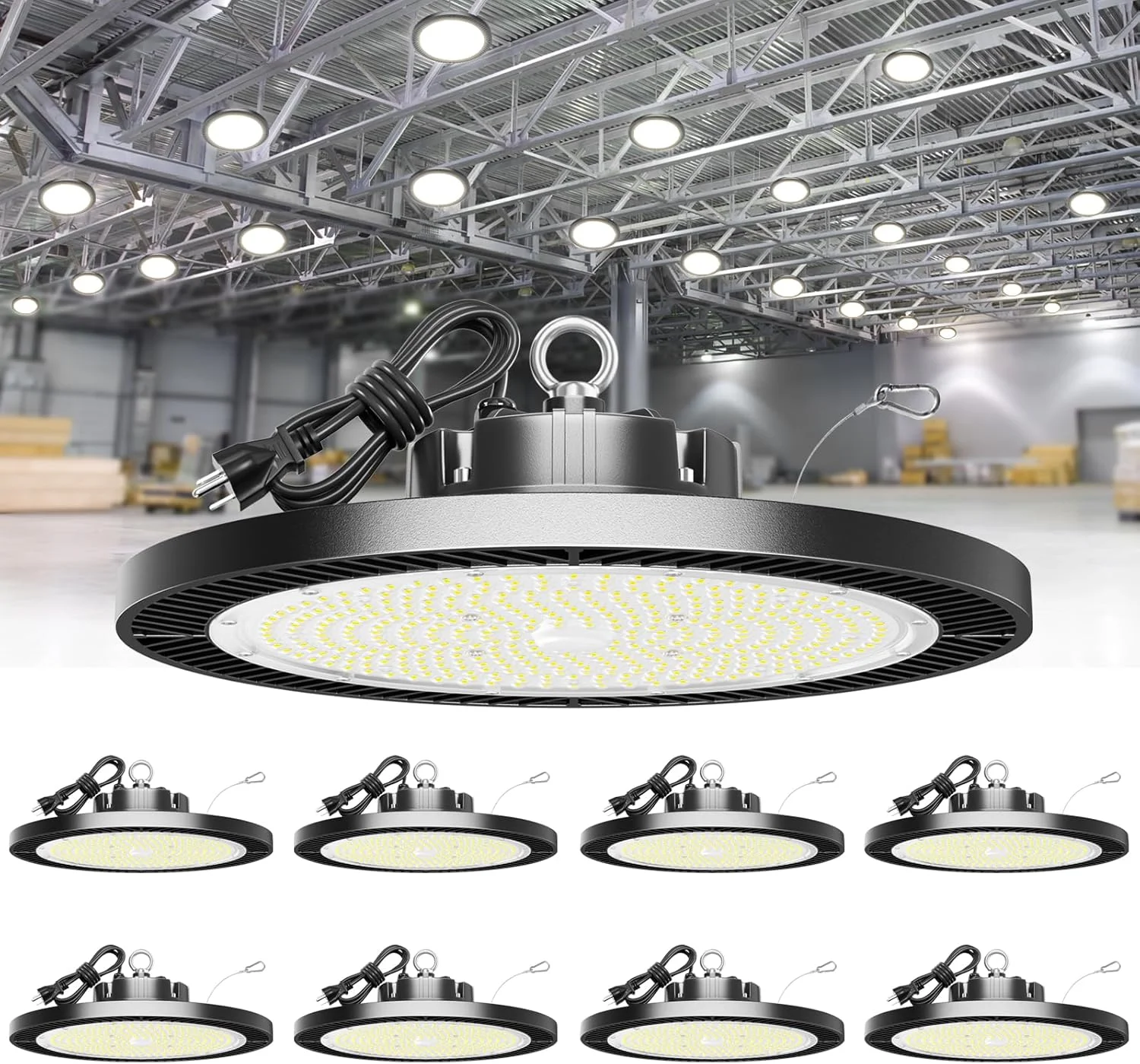 چراغ سوله ای ال ای دی فوق العاده روشن ELEKICO با توان 250 وات، 35000 لومن، 8 عددی، 5000 کلوین، همراه با دوشاخه، کابل 1.5 متری، قلاب آویز و طناب ایمنی، مناسب برای گاراژ، کارخانه، کارگاه، انبار و سوله