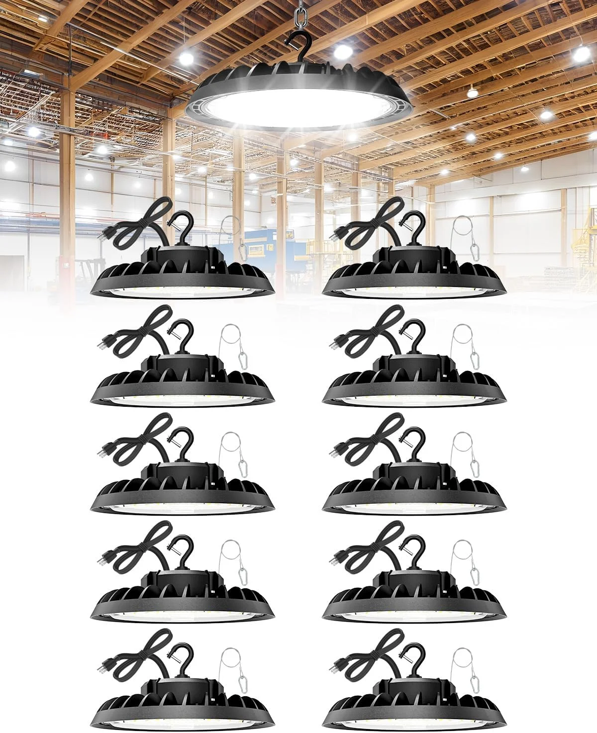 چراغ سوله ای ال ای دی 10 عددی VOLISUN مدل UFO، با نوردهی 22500 لومن، 150 وات، نور روز 5000 کلوین، چراغ سوله ای ال ای دی 100-277 ولت، دارای گواهینامه ETL، روشنایی تجاری سوله ای برای کارگاه گاراژ، انبار کارخانه