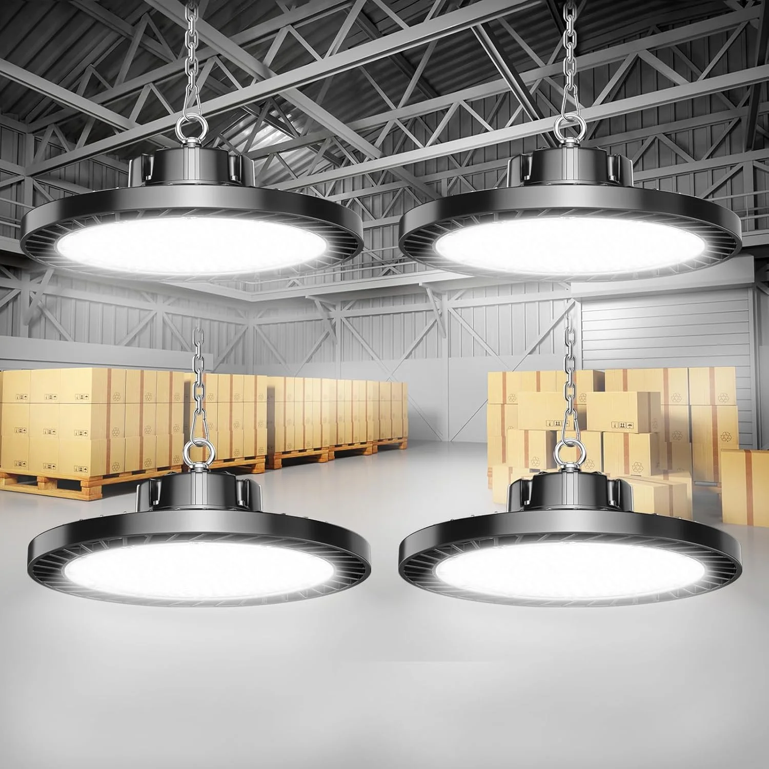 چراغ های سوله ای ال ای دی UFO اونلی لوکس 300 وات 4 عددی 45000 لومن فوق العاده روشن 6000K (معادل 1200 وات MH/HPS) با دوشاخه کابل 5 فوتی و حلقه قلاب، روشنایی ال ای دی برای گاراژ، باشگاه، انبار، کارگاه