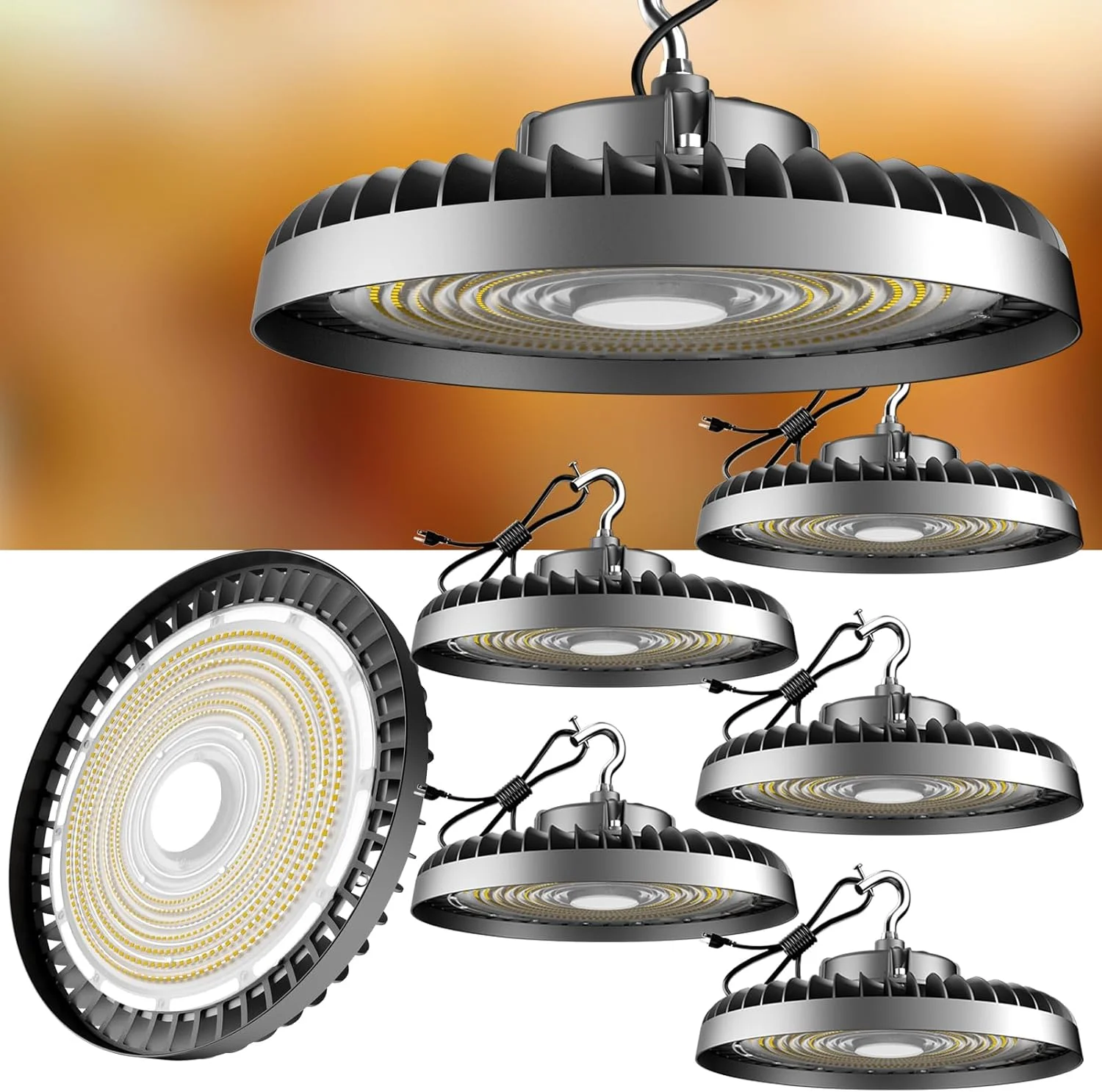 چراغ های سوله ای ال ای دی 420 وات Lightdot، 63000 لومن، چراغ های تجاری UFO، AC100-277V 5000K نور روز، چراغ های کارگاهی ال ای دی سوله ای برای انبار با ارتفاع 30-60 فوت - 5 عدد