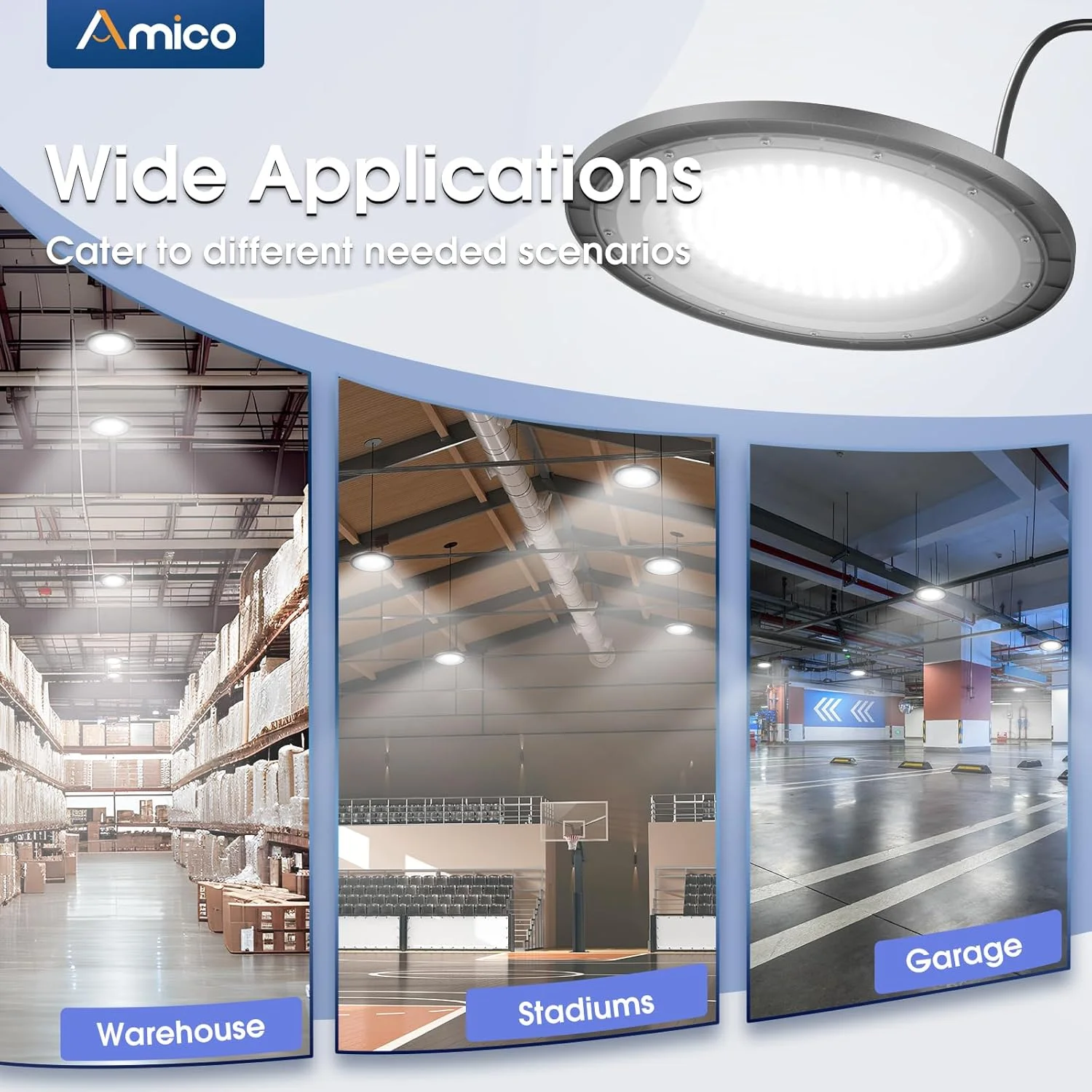چراغ سوله ای LED آمیکو مدل UFO با توان 150 وات، 21000 لومن، 5000 کلوین، بسته 10 عددی، دارای گواهینامه UL چراغ سوله ای LED آمیکو مدل UFO با توان 150 وات، 21000 لومن، 5000 کلوین، بسته 10 عددی، دارای گواهینامه UL