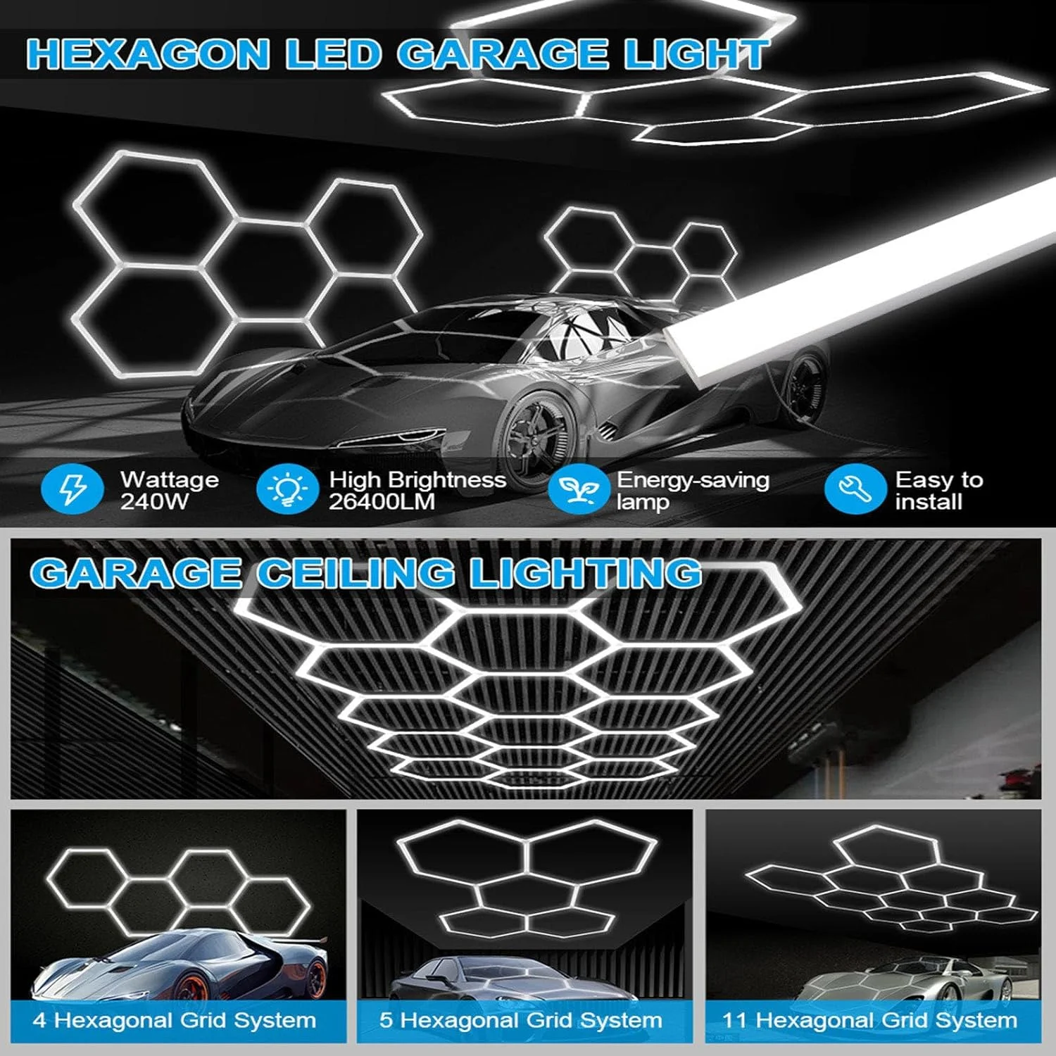 چراغ گاراژ LED شش ضلعی 26400 لومن، چراغ کارگاهی LED زیبایی خودرو برای انبار، کارگاه، سالن ورزشی، زیرزمین چراغ گاراژ LED شش ضلعی 26400 لومن، چراغ کارگاهی LED زیبایی خودرو برای انبار، کارگاه، سالن ورزشی، زیرزمین