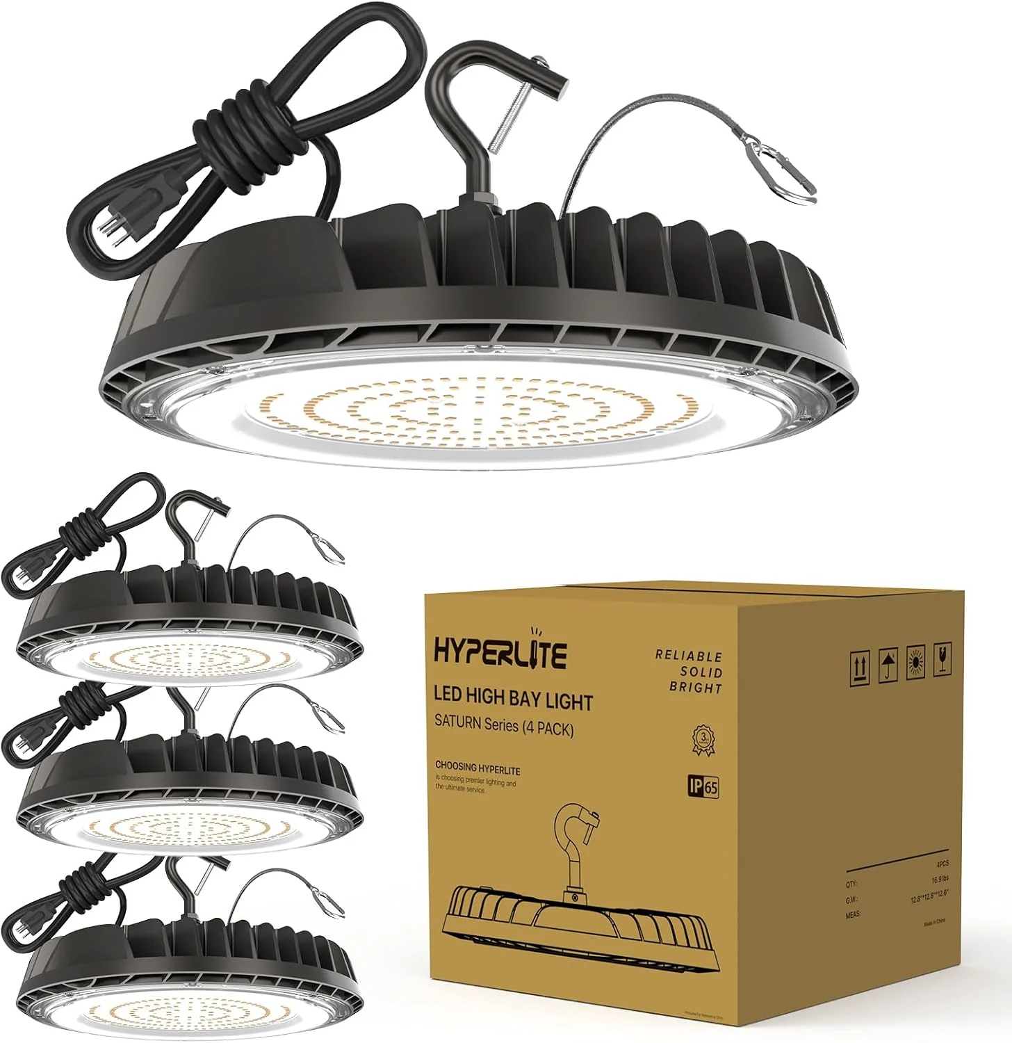 چراغ های سوله ای ال ای دی HYPERLITE - بسته 4 عددی، 100 وات 14000 لومن 5000K با دوشاخه آمریکایی، چراغ های سوله ای ال ای دی برای کارگاه، گاراژ، مغازه، انبار