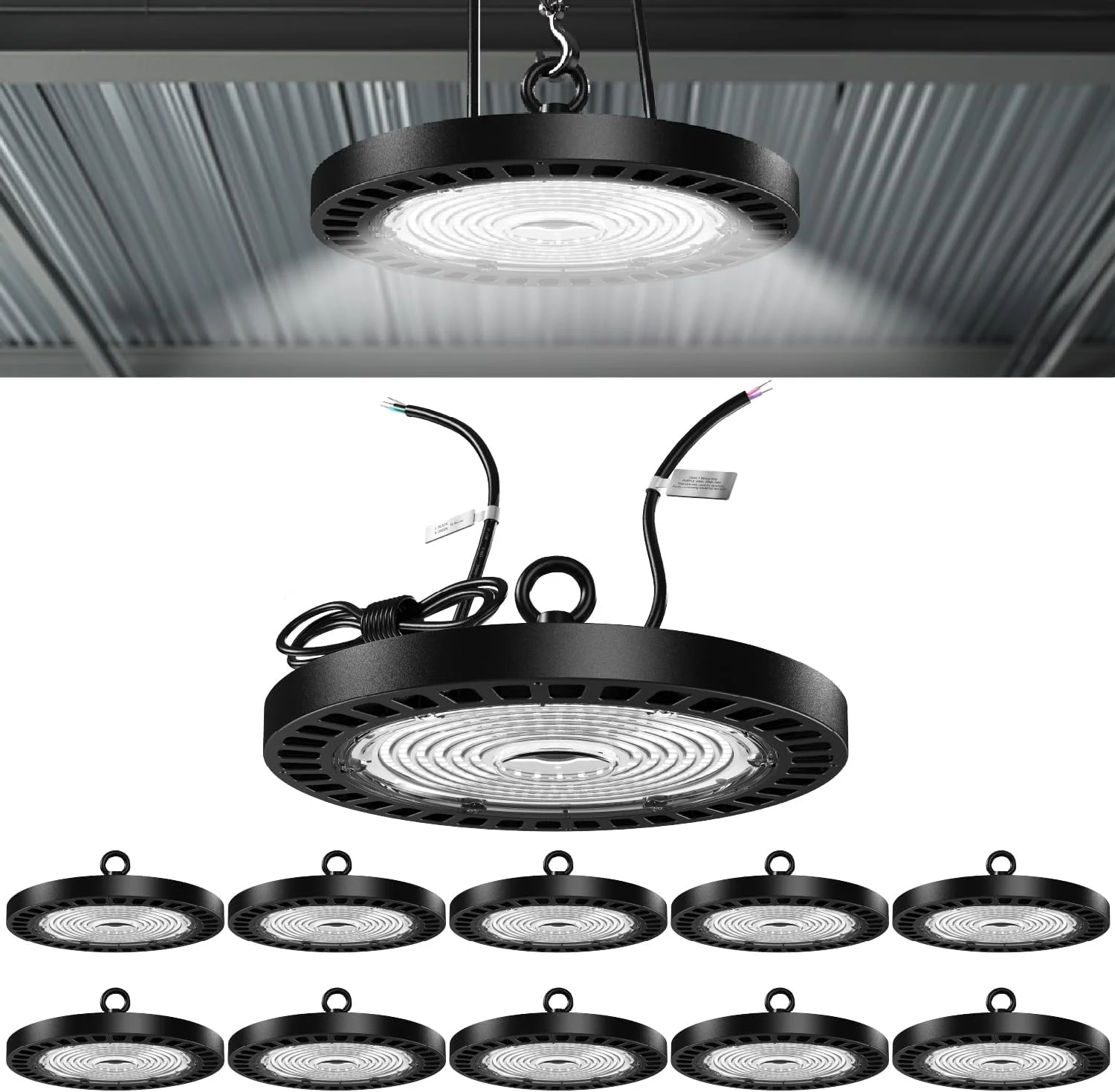 چراغ های سوله ای LED سانکو مدل UFO، بسته 10 عددی، مناسب برای روشنایی انبار، نور سفید 6000K، 21000 لومن، 150 وات، 100-277 ولت، دیمر پذیر (0-10 ولت)، ضد آب IP65، فوق العاده روشن، دارای گواهینامه UL/DLC.