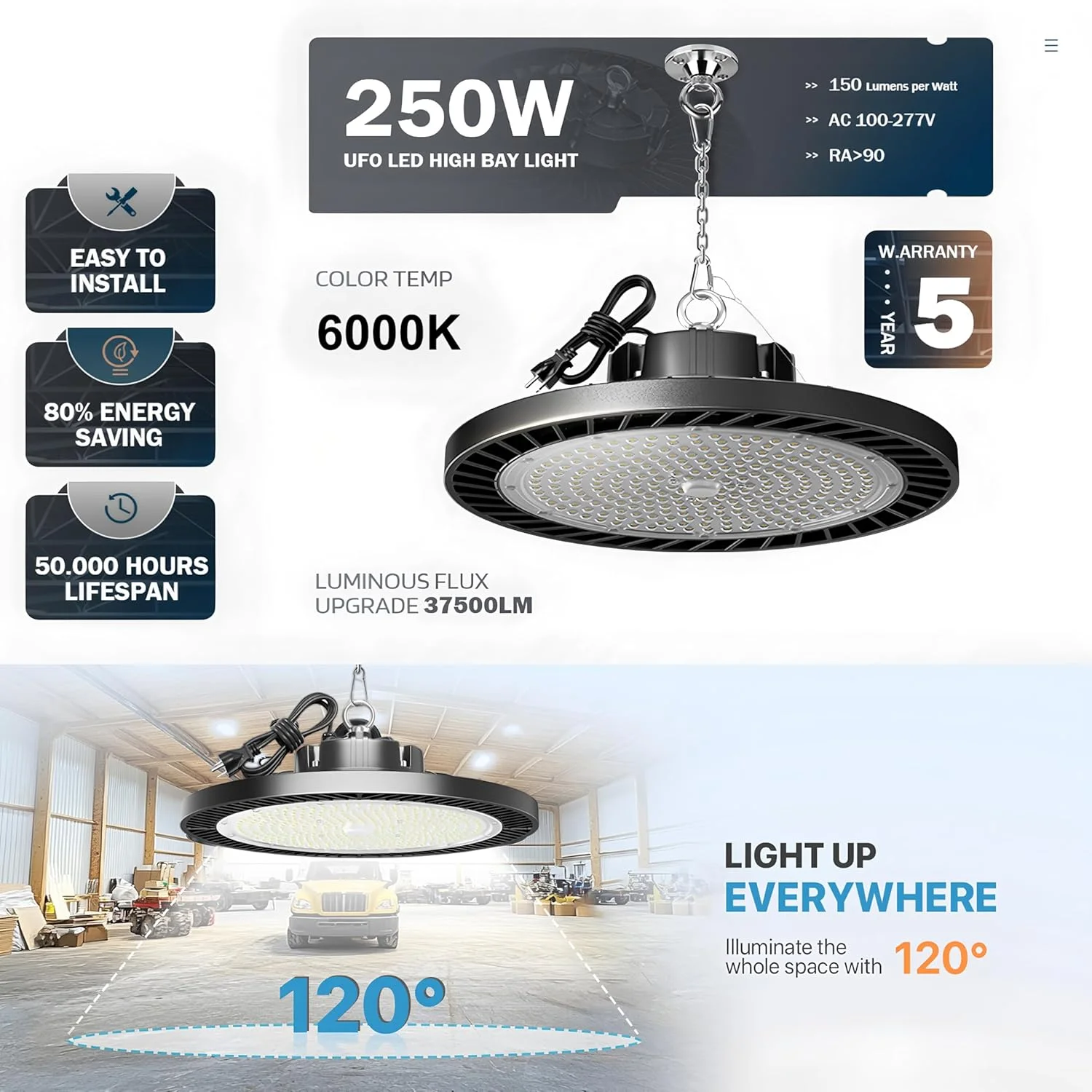 چراغ سوله ای ال ای دی 250 وات Superyofo مدل UFO، 6 عددی، 30000 لومن، نور روز 6000 کلوین، معادل 2500 وات با کابل دوشاخه آمریکایی، چراغ های گاراژی ال ای دی، روشنایی تجاری انبار، کارگاه، گاراژ، کارخانه، روشنایی سوله ای چراغ سوله ای ال ای دی 250 وات Superyofo مدل UFO، 6 عددی، 30000 لومن، نور روز 6000 کلوین، معادل 2500 وات با کابل دوشاخه آمریکایی، چراغ های گاراژی ال ای دی، روشنایی تجاری انبار، کارگاه، گاراژ، کارخانه، روشنایی سوله ای