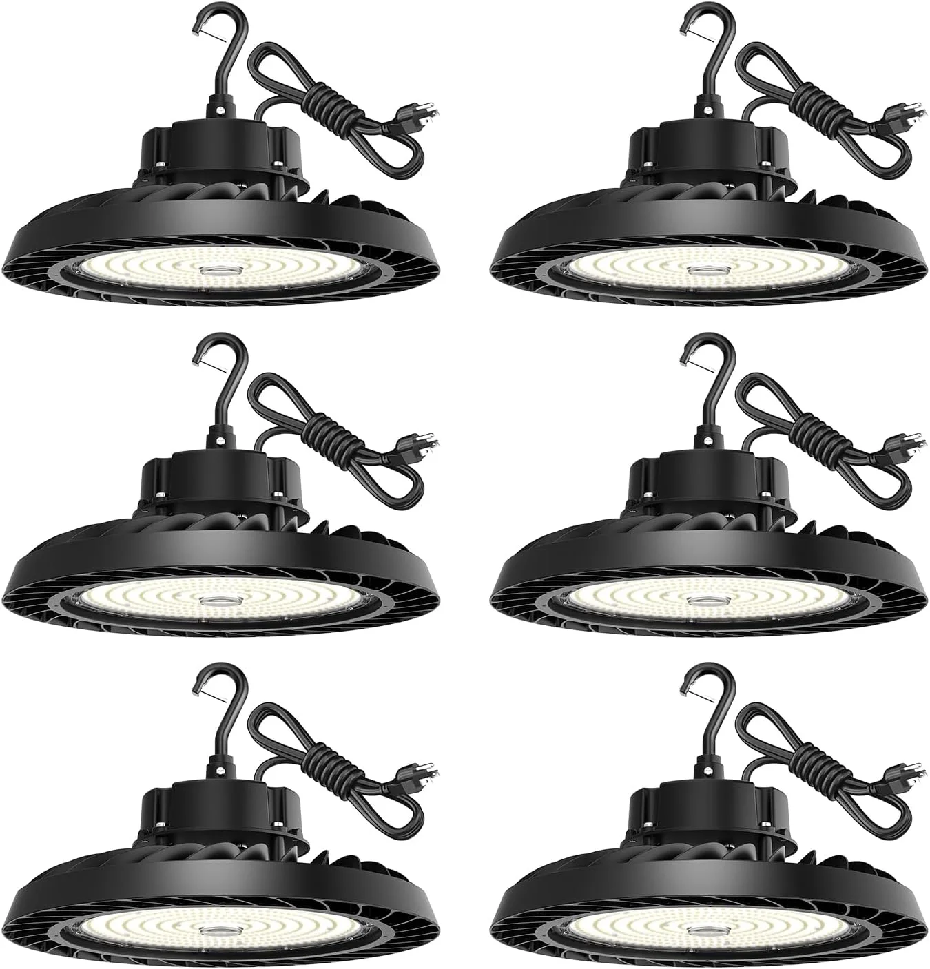 چراغ سوله ای LED مدل UFO با توان 200 وات، بسته 6 عددی، چراغ سوله ای LED با نور 30000 لومن (150 لومن بر وات)، قابلیت دیم شدن 1-10 ولت، کابل 5 فوتی با دوشاخه، قلاب آویز، طناب ایمنی، دارای گواهینامه ETL برای کارخانه، انبار و کارگاه