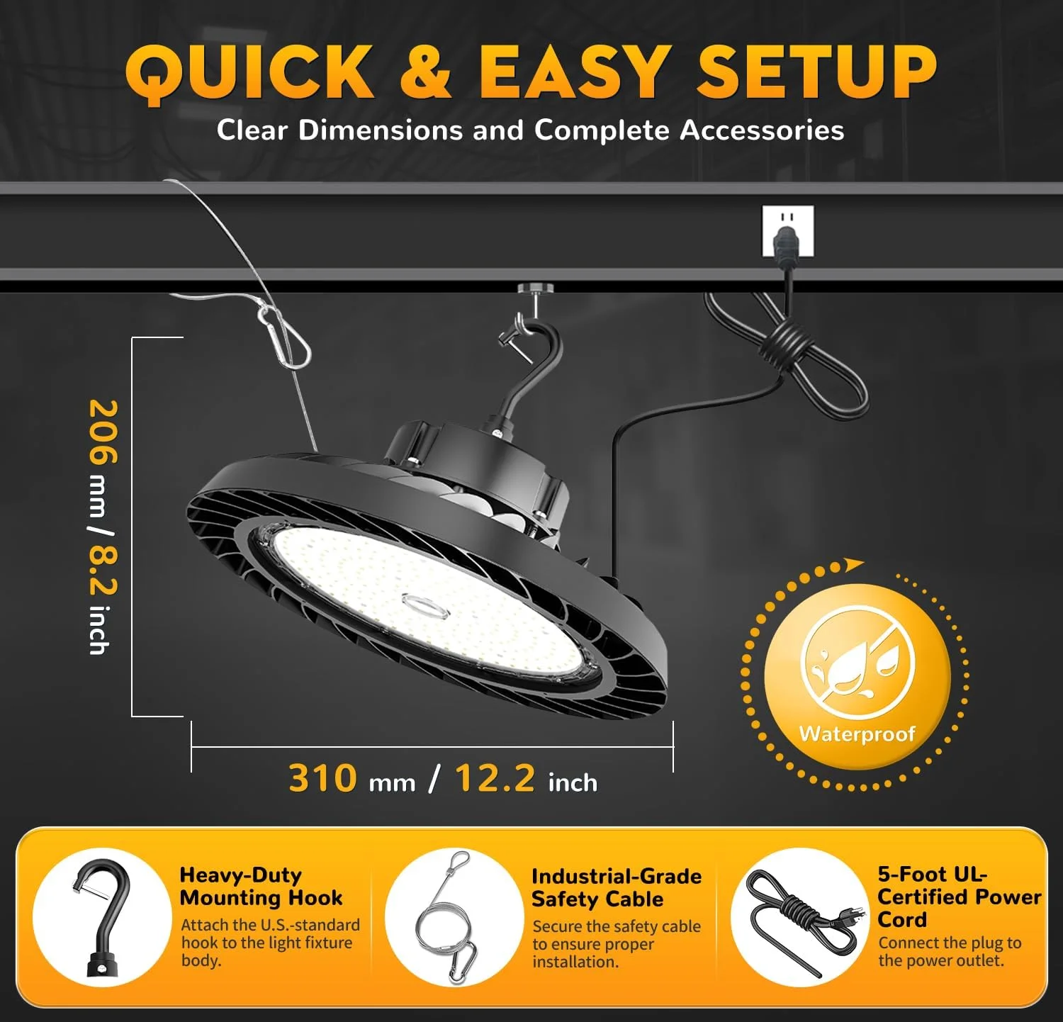 چراغ سوله ای LED مدل UFO با توان 200 وات، بسته 6 عددی، چراغ سوله ای LED با نور 30000 لومن (150 لومن بر وات)، قابلیت دیم شدن 1-10 ولت، کابل 5 فوتی با دوشاخه، قلاب آویز، طناب ایمنی، دارای گواهینامه ETL برای کارخانه، انبار و کارگاه