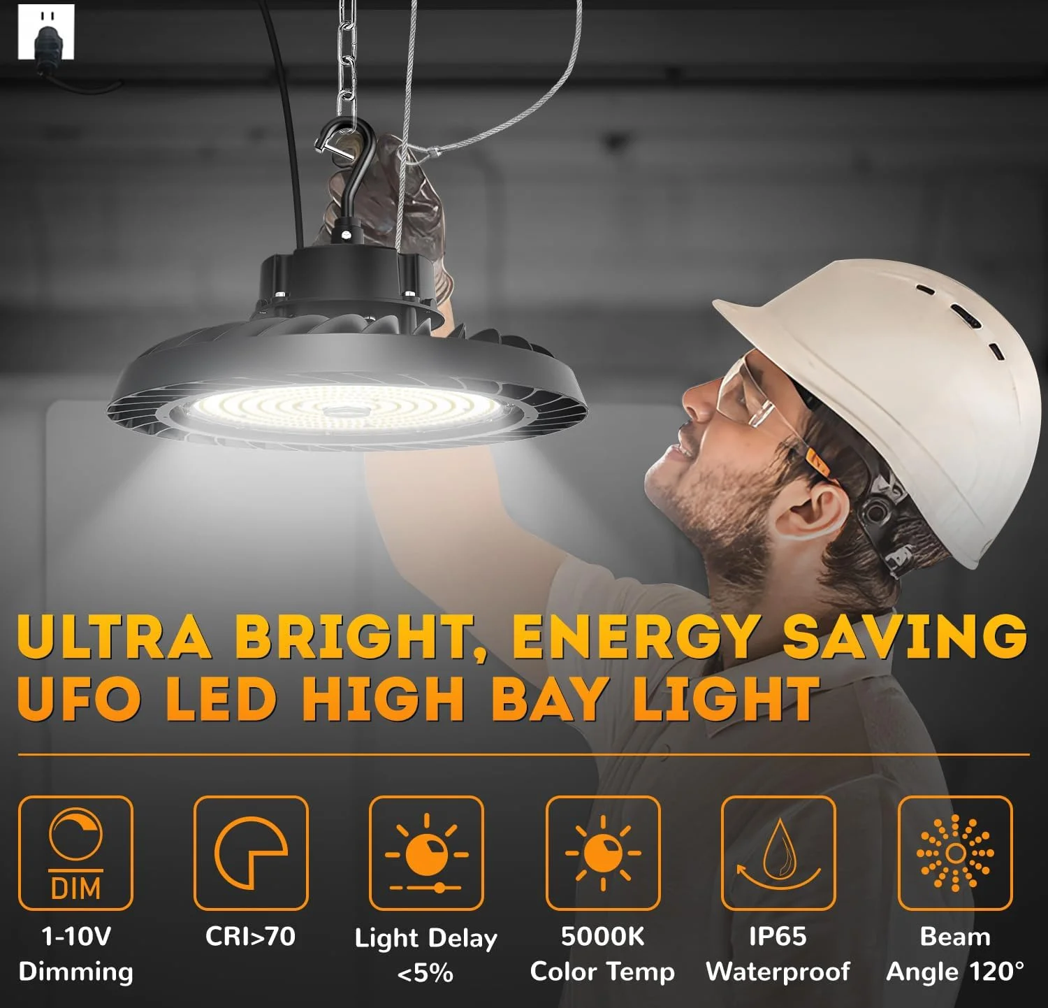 چراغ سوله ای LED مدل UFO با توان 200 وات، بسته 6 عددی، چراغ سوله ای LED با نور 30000 لومن (150 لومن بر وات)، قابلیت دیم شدن 1-10 ولت، کابل 5 فوتی با دوشاخه، قلاب آویز، طناب ایمنی، دارای گواهینامه ETL برای کارخانه، انبار و کارگاه
