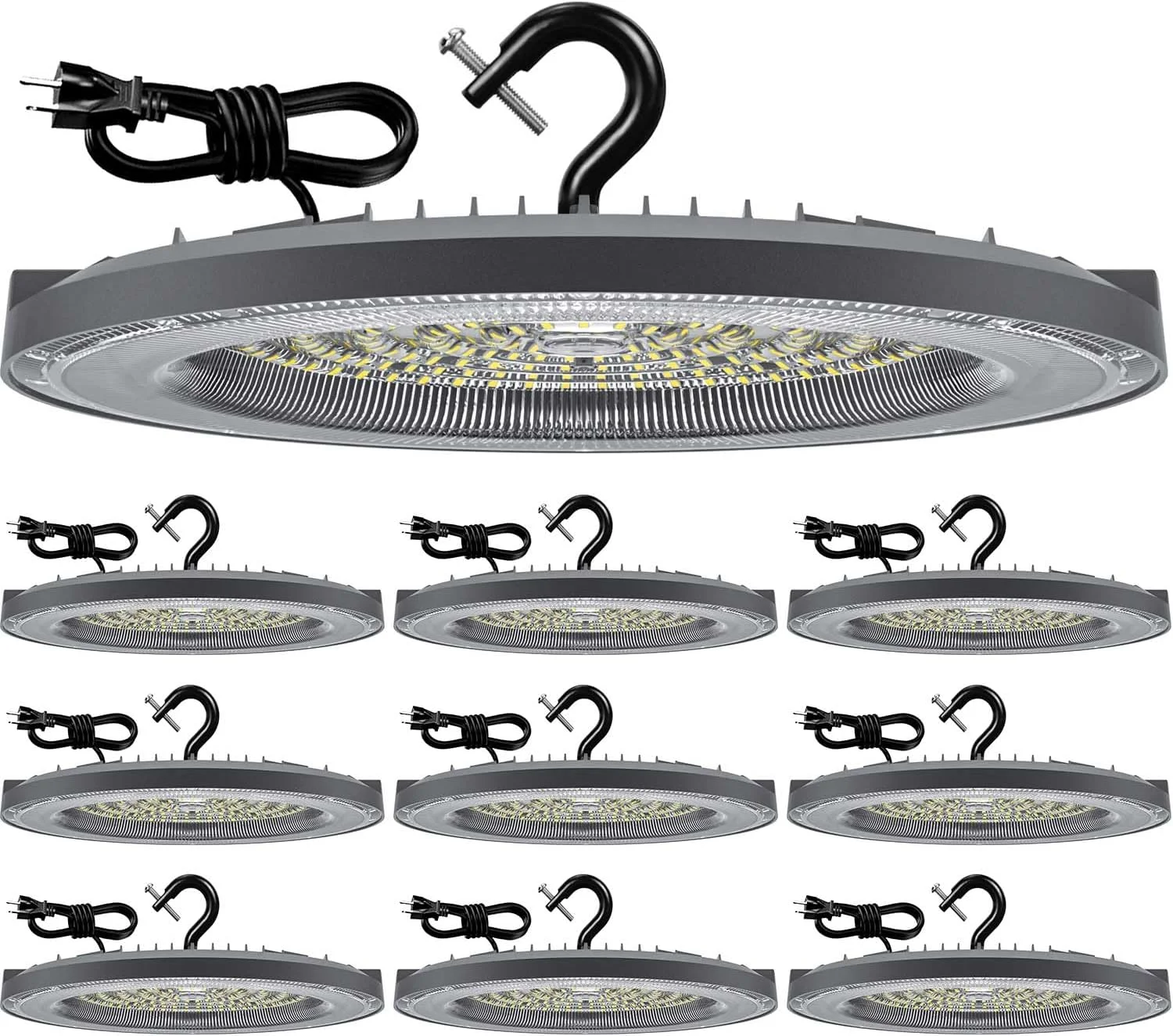 چراغ های سوله ای ال ای دی 200 وات UFO دِلوکس، 10 عددی، 5000 کلوین، 28000 لومن (معادل 800 وات متال هالید/HPS)، چراغ های کارگاهی ال ای دی سوله ای با دوشاخه آمریکایی و کابل 5 فوتی، مناسب برای روشنایی تجاری انبار، گاراژ، باشگاه، کارگاه، انبار و غیره.