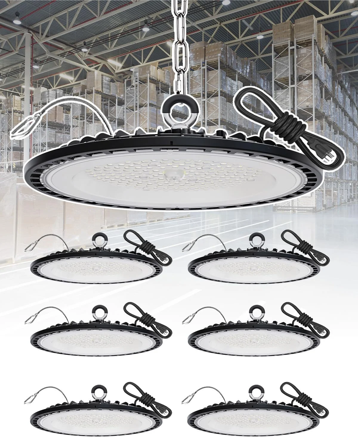 چراغ های کارگاهی LED مدل SHLUCE 200W بسته 6 عددی، 28000 لومن (معادل 800W MH/HPS)، نور روز 6500K، چراغ های LED فوق العاده روشن برای گاراژ، کارگاه، چراغ های LED UFO High Bay، با سیم برق 5 فوتی ایالات متحده، ضد آب IP66