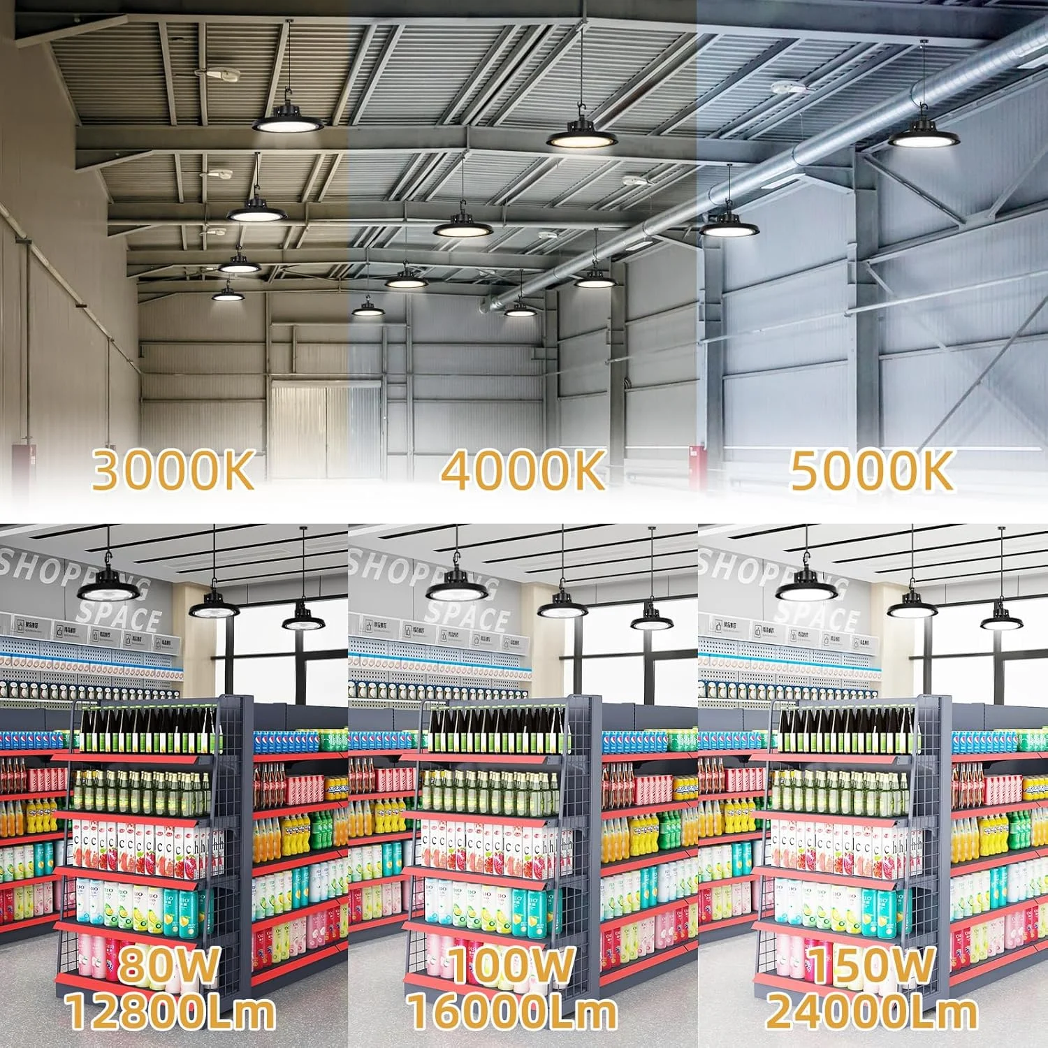 چراغ سوله ای LED مدل UFO، 150W/100W/80W، قابل تنظیم 5000K/4000K/3000K، 24000 لومن، 0-10V دیمر شونده، چراغ کارگاهی LED فوق العاده روشن، AC100-277V، روشنایی سوله ای تجاری IP65 برای انبار گاراژ، بسته 8 عددی