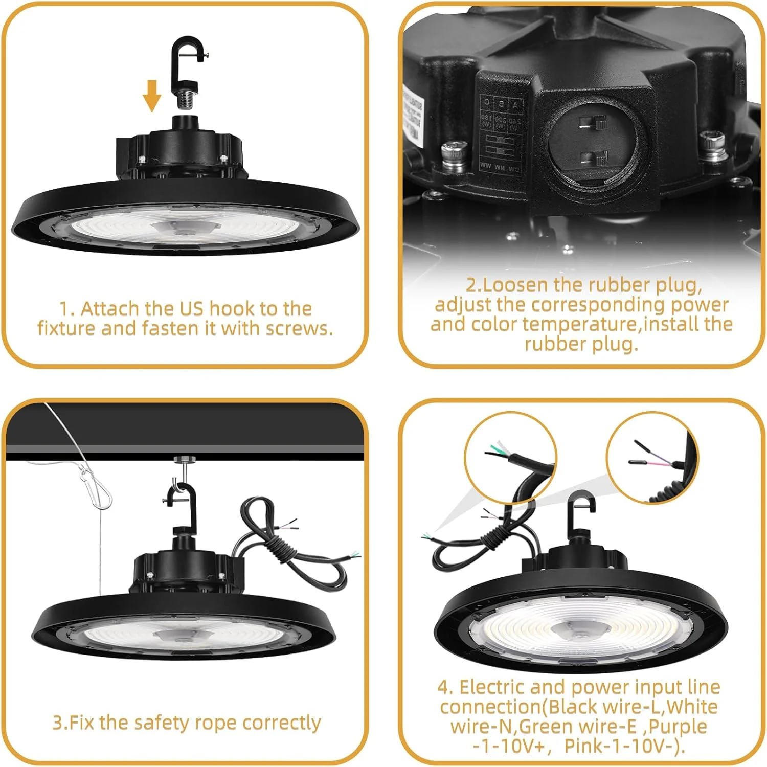 چراغ سوله ای LED مدل UFO، 150W/100W/80W، قابل تنظیم 5000K/4000K/3000K، 24000 لومن، 0-10V دیمر شونده، چراغ کارگاهی LED فوق العاده روشن، AC100-277V، روشنایی سوله ای تجاری IP65 برای انبار گاراژ، بسته 8 عددی