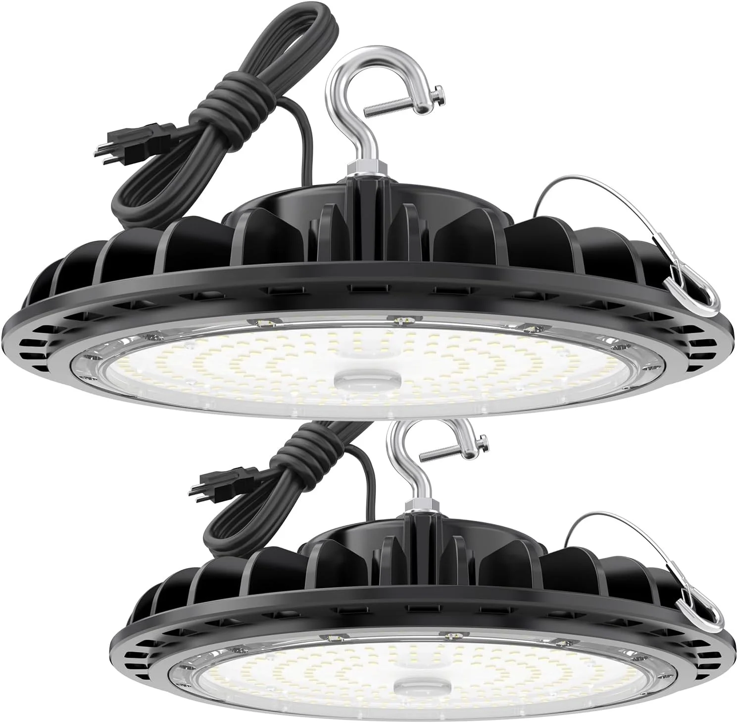 چراغ سوله ای LED یو اف او Pvilub 150 وات 2 عددی، نور فروشگاهی LED سوله ای 5000K با دوشاخه آمریکایی و کابل 5 اینچی، چراغ های LED سوله ای ضد آب IP65 21000LM برای کارگاه کارخانه انبار