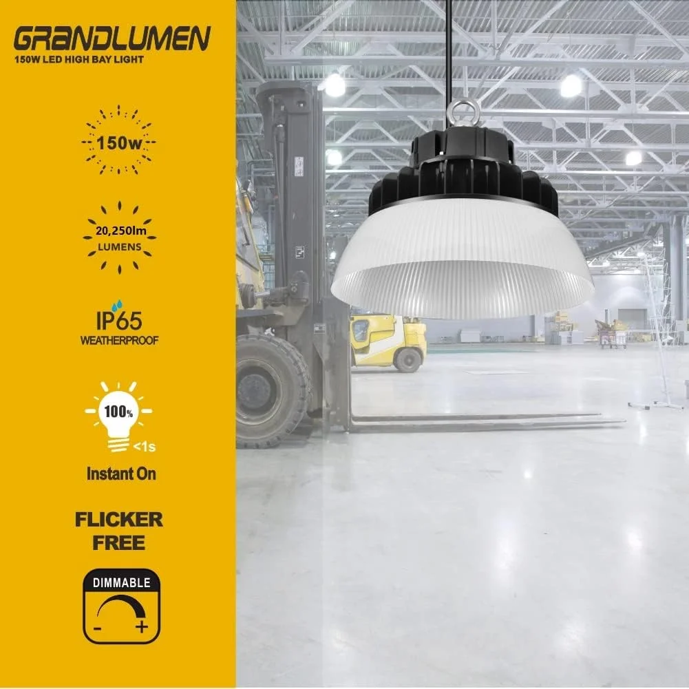 چراغ سوله ای ال ای دی UFO گرند لومن 150 وات، دارای گواهینامه ETL، نور سفید 5000K، روشنایی انبار LED با بازتابنده PC چراغ سوله ای ال ای دی UFO گرند لومن 150 وات، دارای گواهینامه ETL، نور سفید 5000K، روشنایی انبار LED با بازتابنده PC